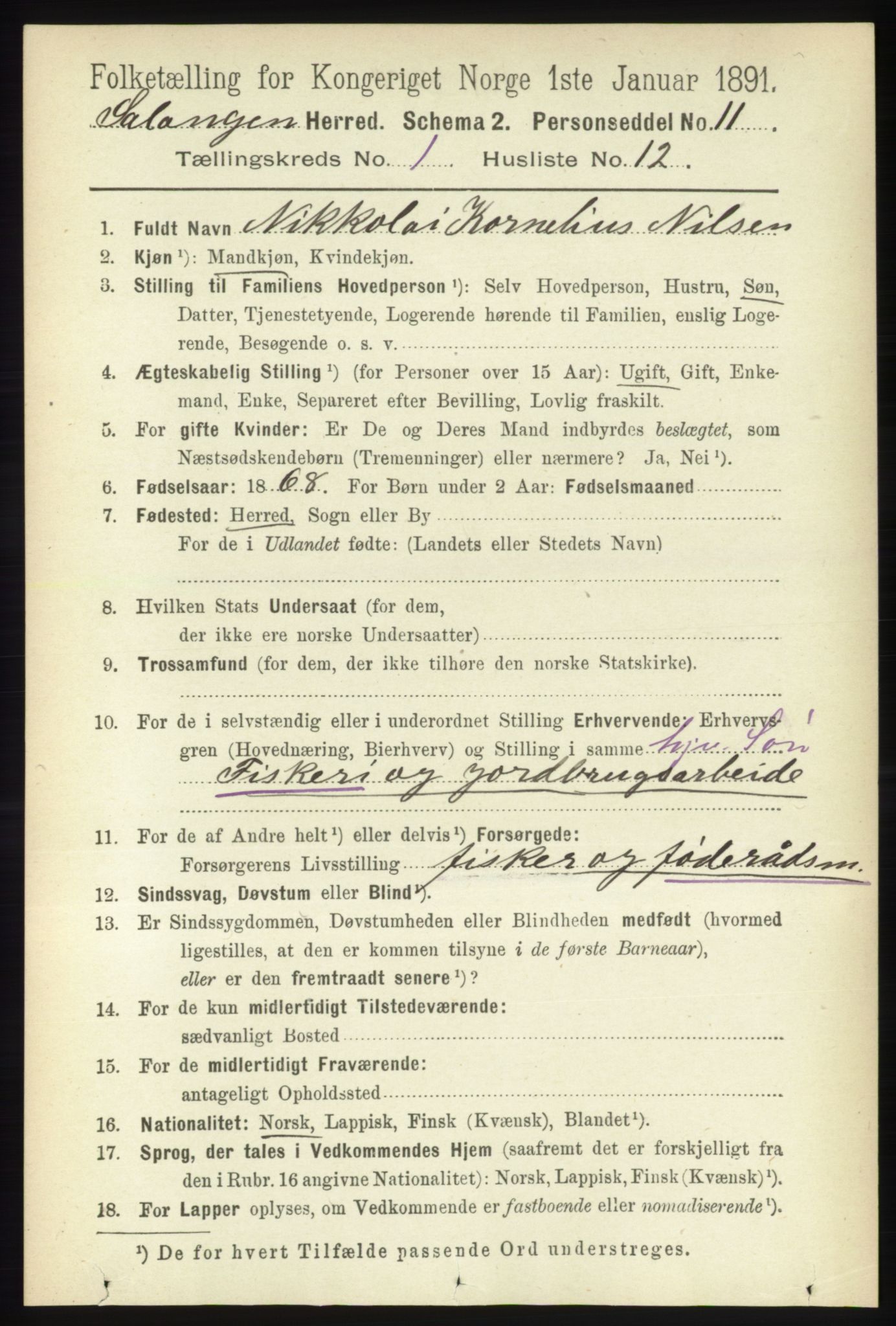 RA, 1891 census for 1921 Salangen, 1891, p. 156