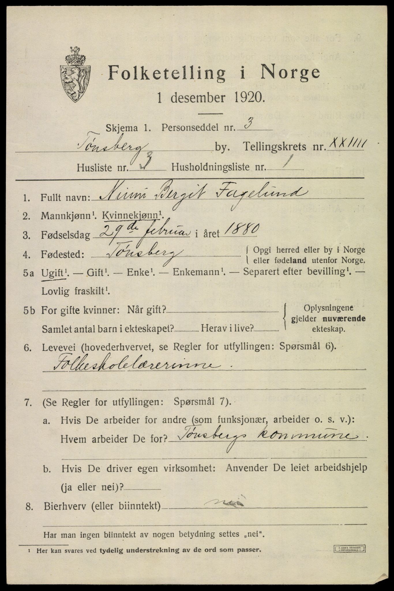 SAKO, 1920 census for Tønsberg, 1920, p. 33299