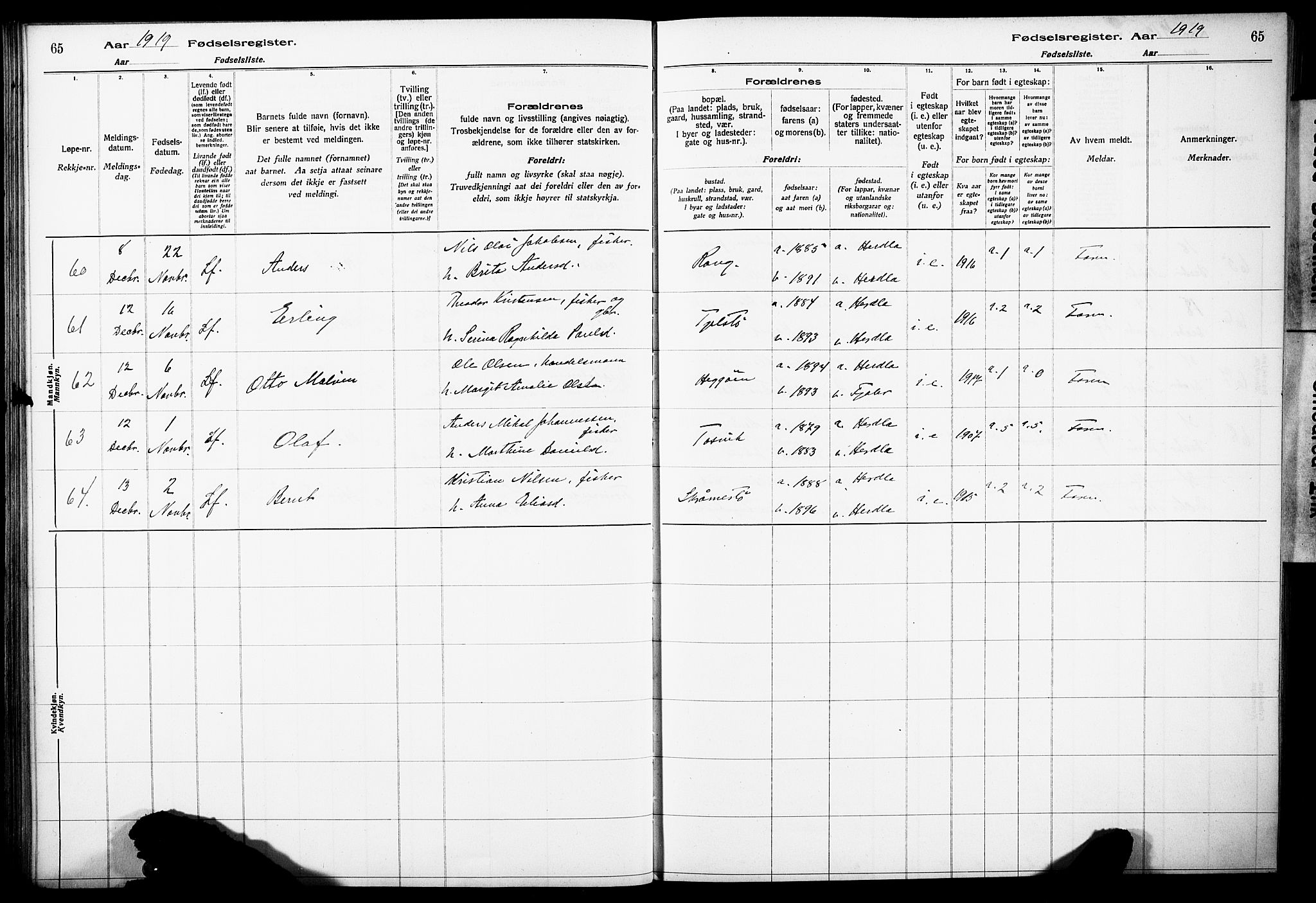 Herdla Sokneprestembete, AV/SAB-A-75701/I/Id/L00A1: Birth register no. A 1, 1916-1929, p. 65