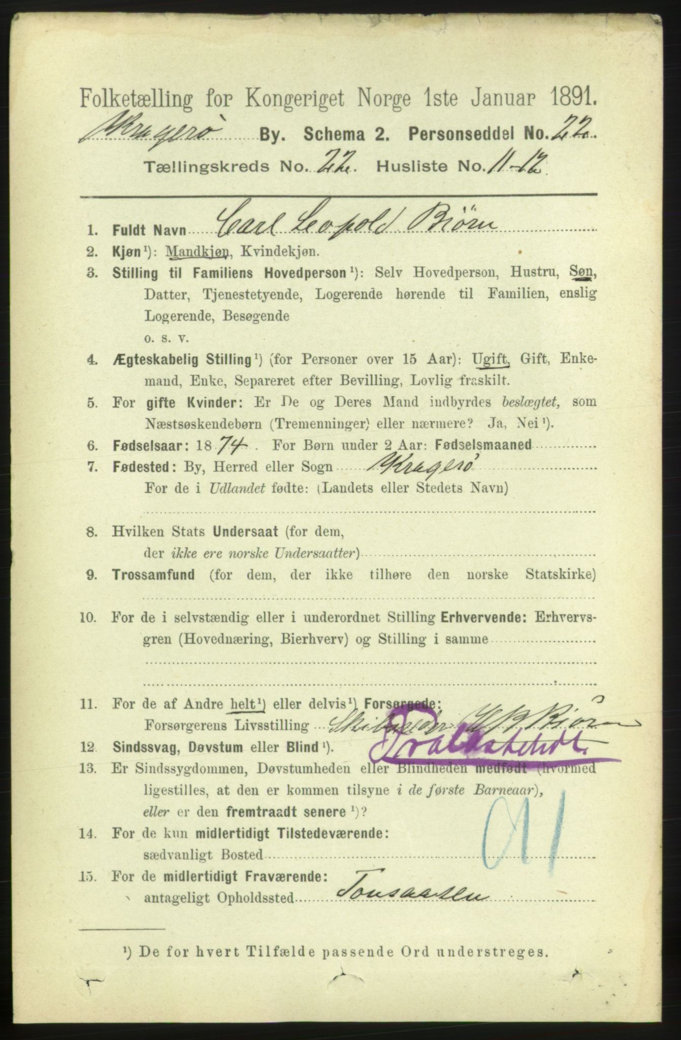 RA, 1891 census for 0801 Kragerø, 1891, p. 4874