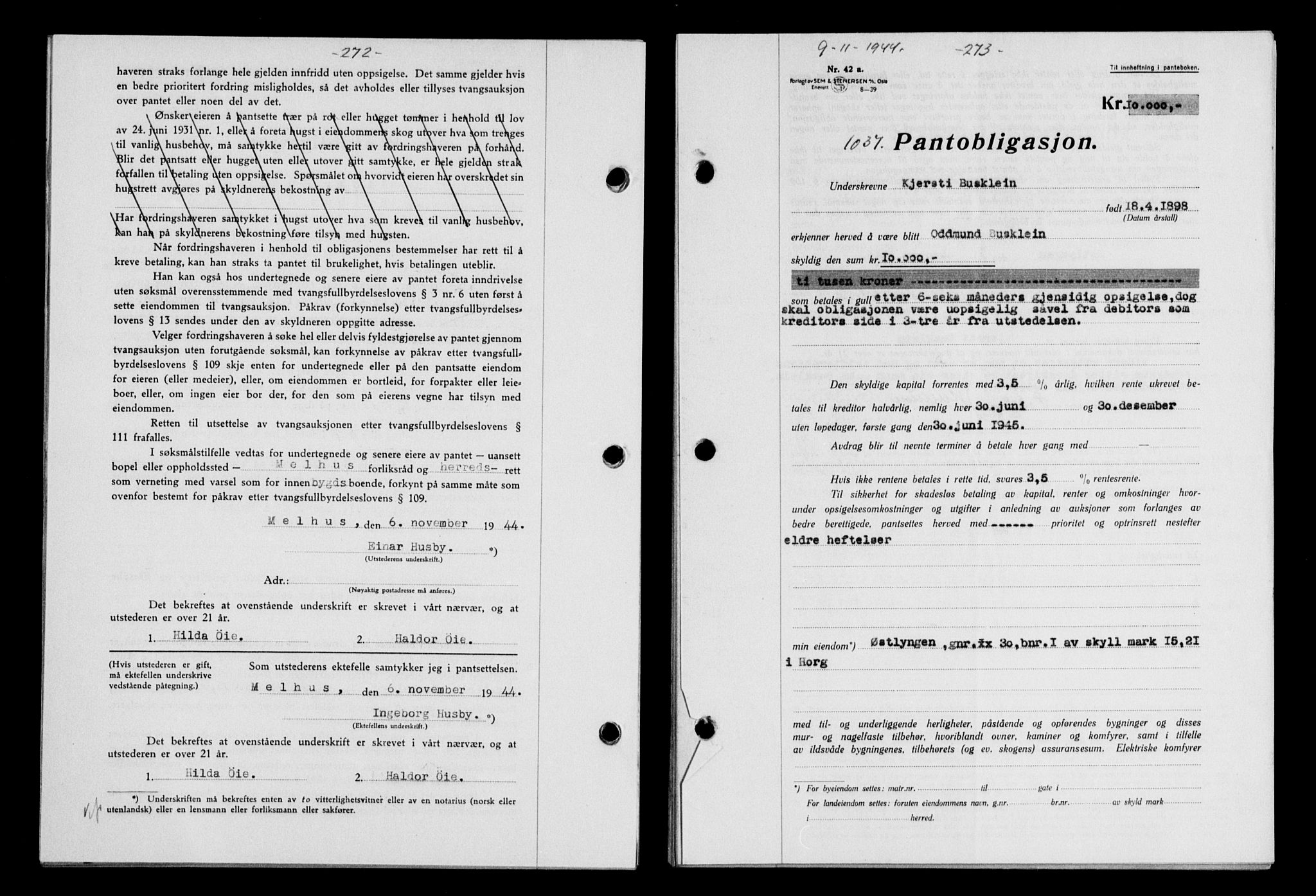 Gauldal sorenskriveri, SAT/A-0014/1/2/2C/L0058: Mortgage book no. 63, 1944-1945, Diary no: : 1037/1944