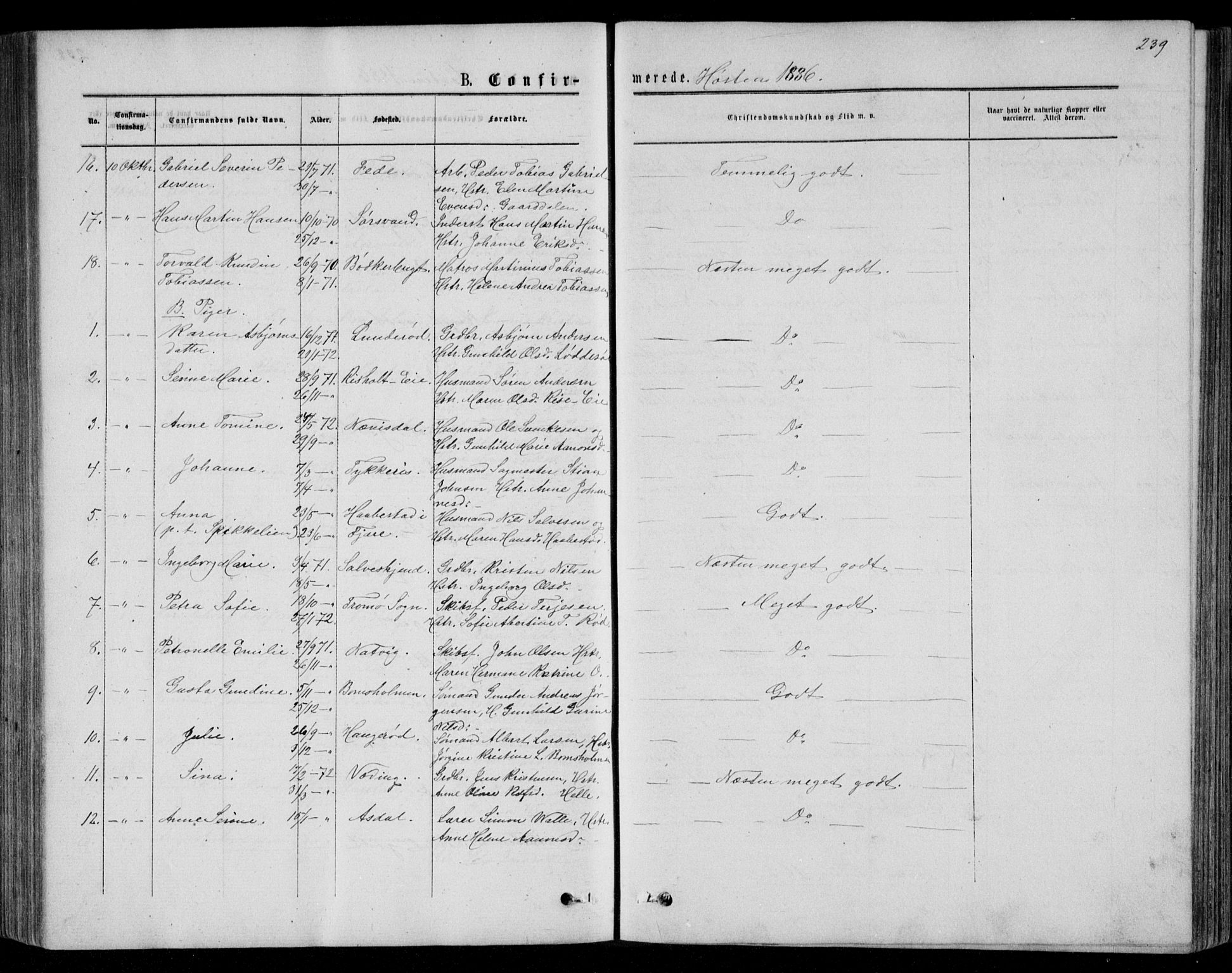 Øyestad sokneprestkontor, AV/SAK-1111-0049/F/Fb/L0008: Parish register (copy) no. B 8, 1872-1886, p. 239