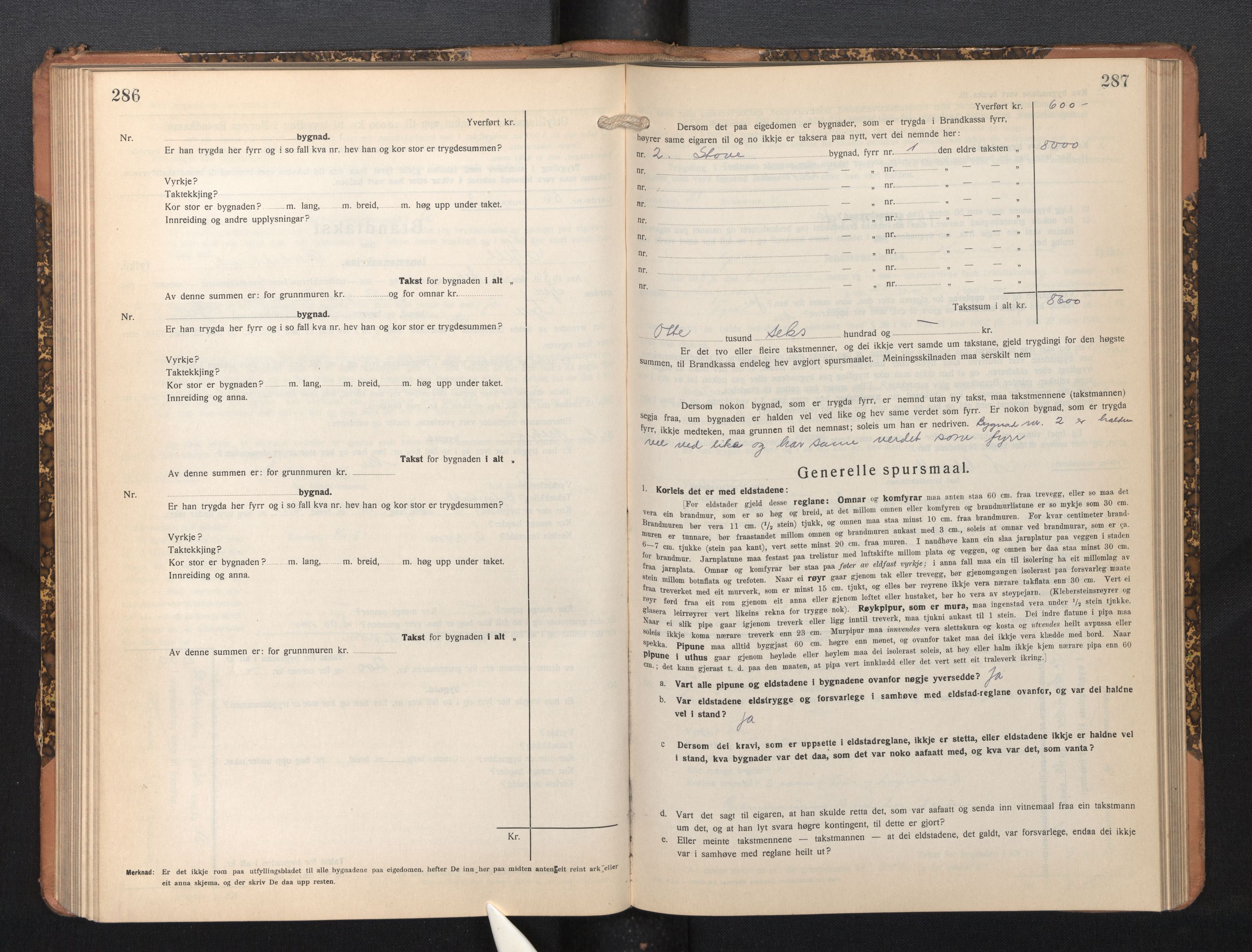 Lensmannen i Fjell, SAB/A-32301/0012/L0006: Branntakstprotokoll, skjematakst, 1931-1945, p. 286-287