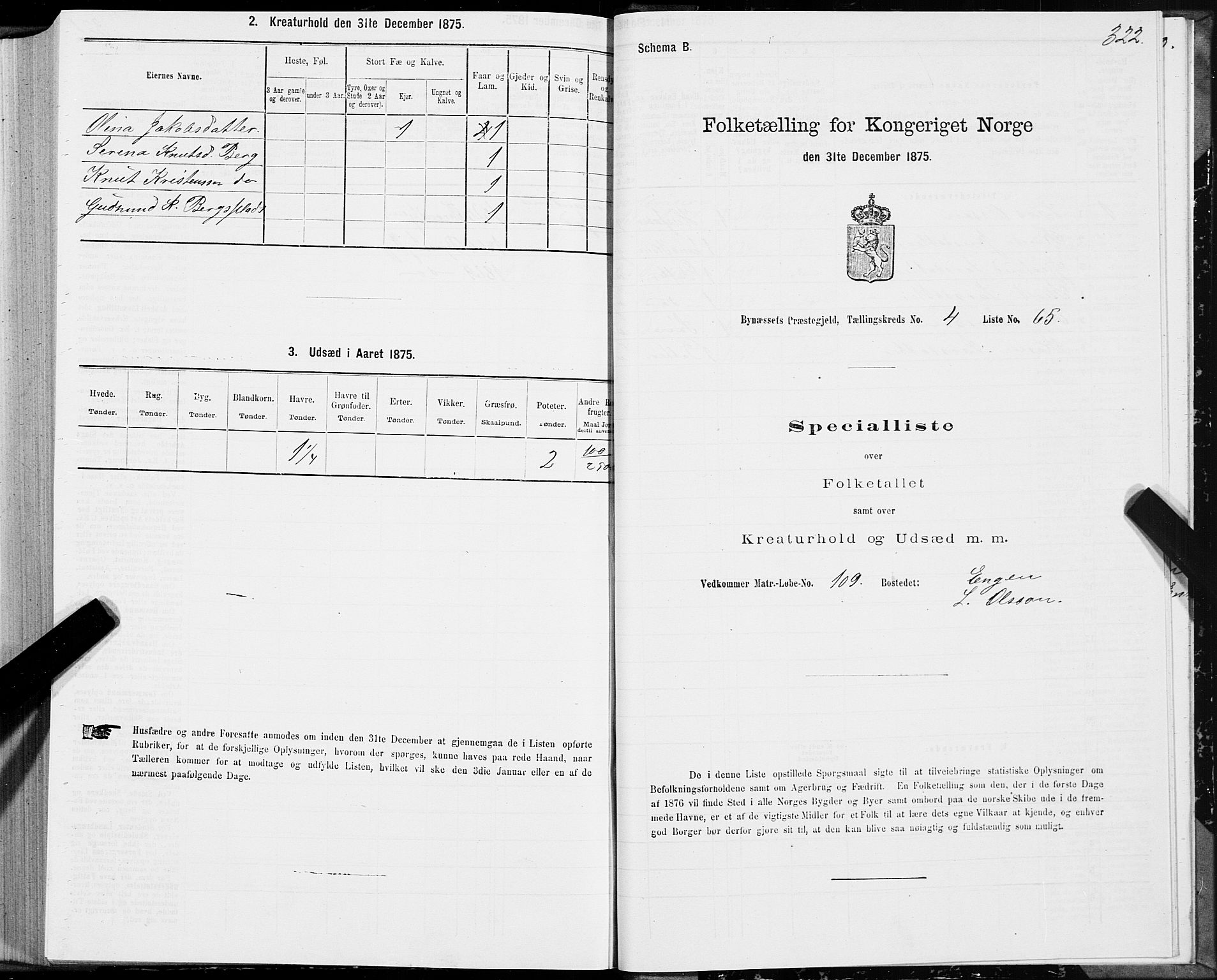 SAT, 1875 census for 1655P Byneset, 1875, p. 2322