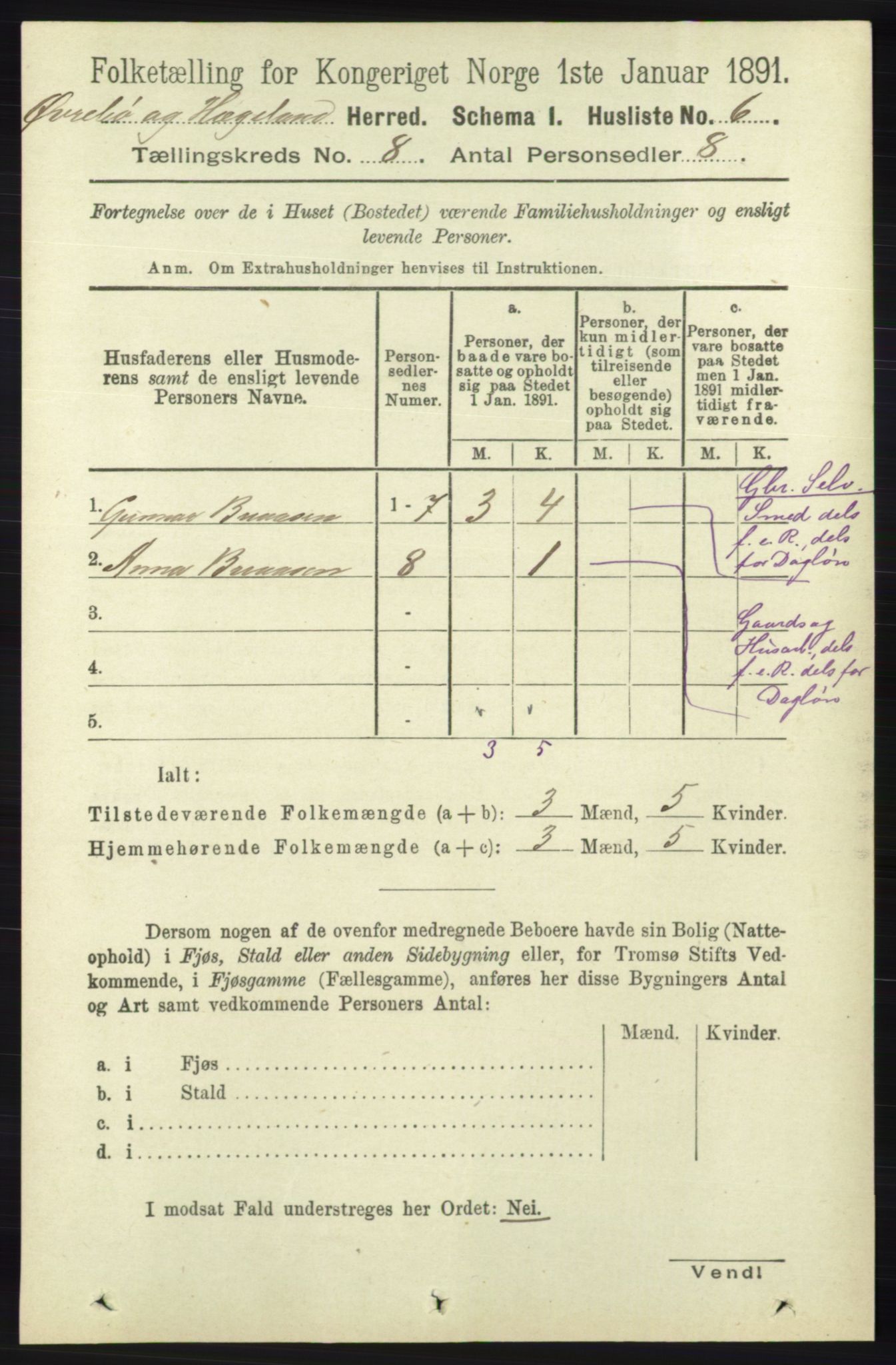 RA, 1891 census for 1016 Øvrebø og Hægeland, 1891, p. 1437