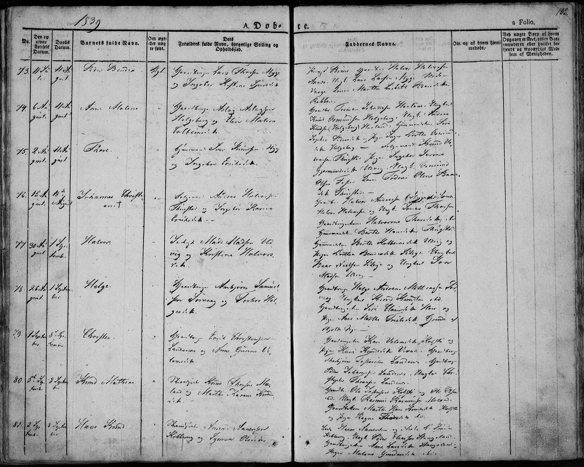 Avaldsnes sokneprestkontor, SAST/A -101851/H/Ha/Haa/L0005: Parish register (official) no. A 5.1, 1825-1841, p. 182