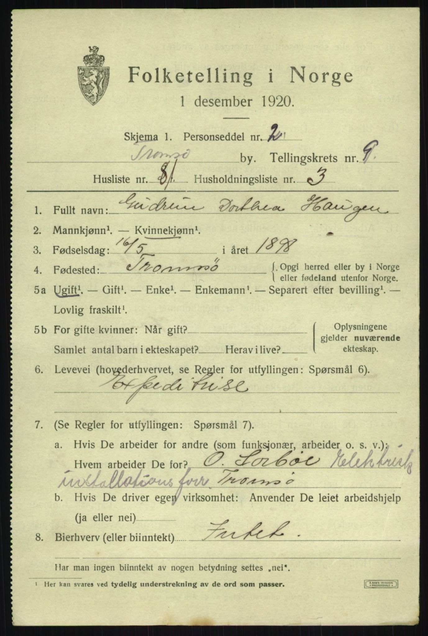 SATØ, 1920 census for Tromsø, 1920, p. 20218