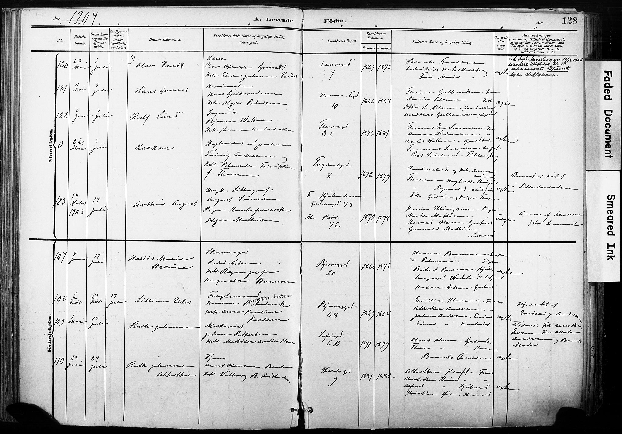 Gamle Aker prestekontor Kirkebøker, SAO/A-10617a/F/L0013: Parish register (official) no. 13, 1901-1908, p. 128
