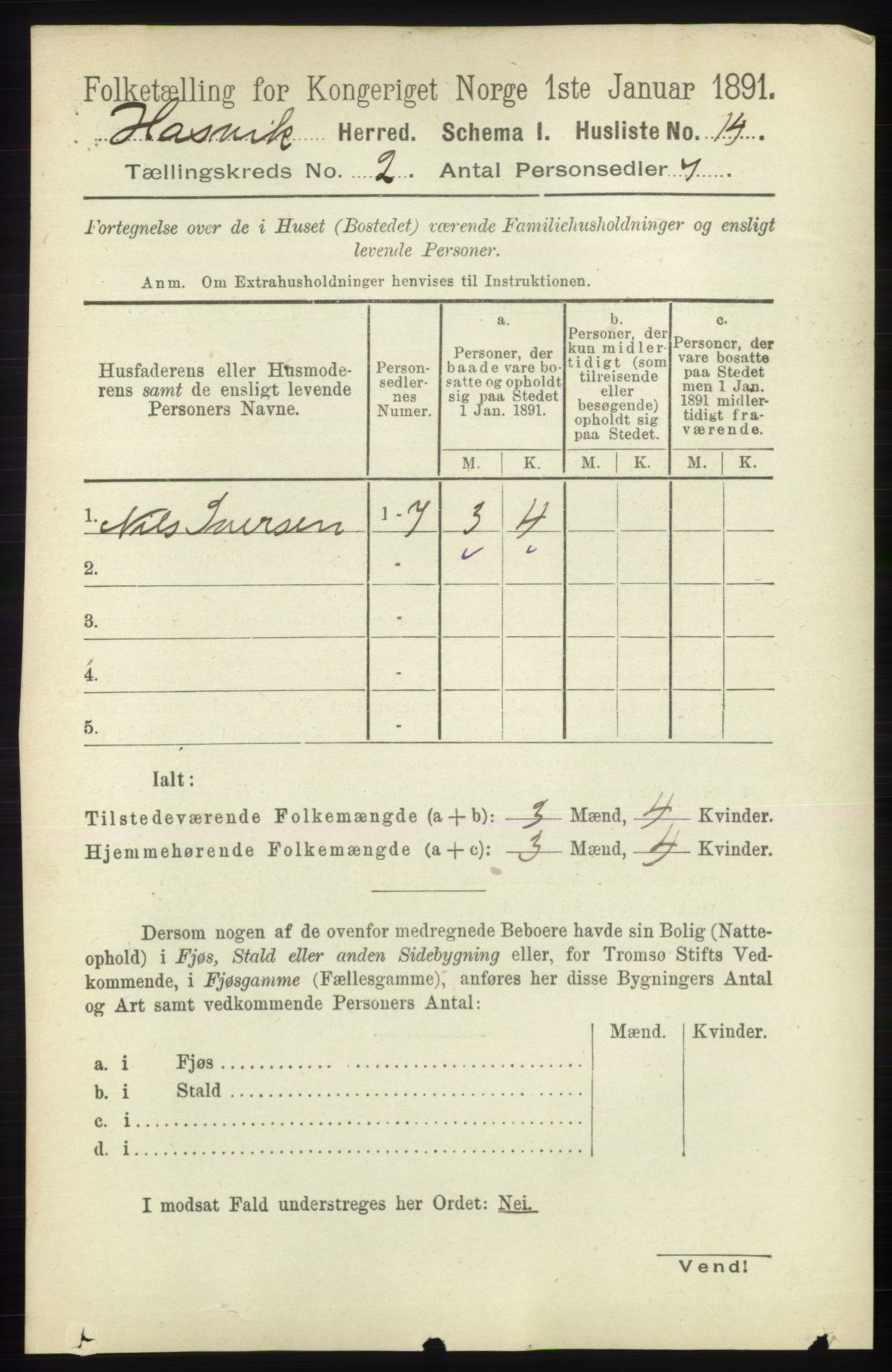 RA, 1891 census for 2015 Hasvik, 1891, p. 274