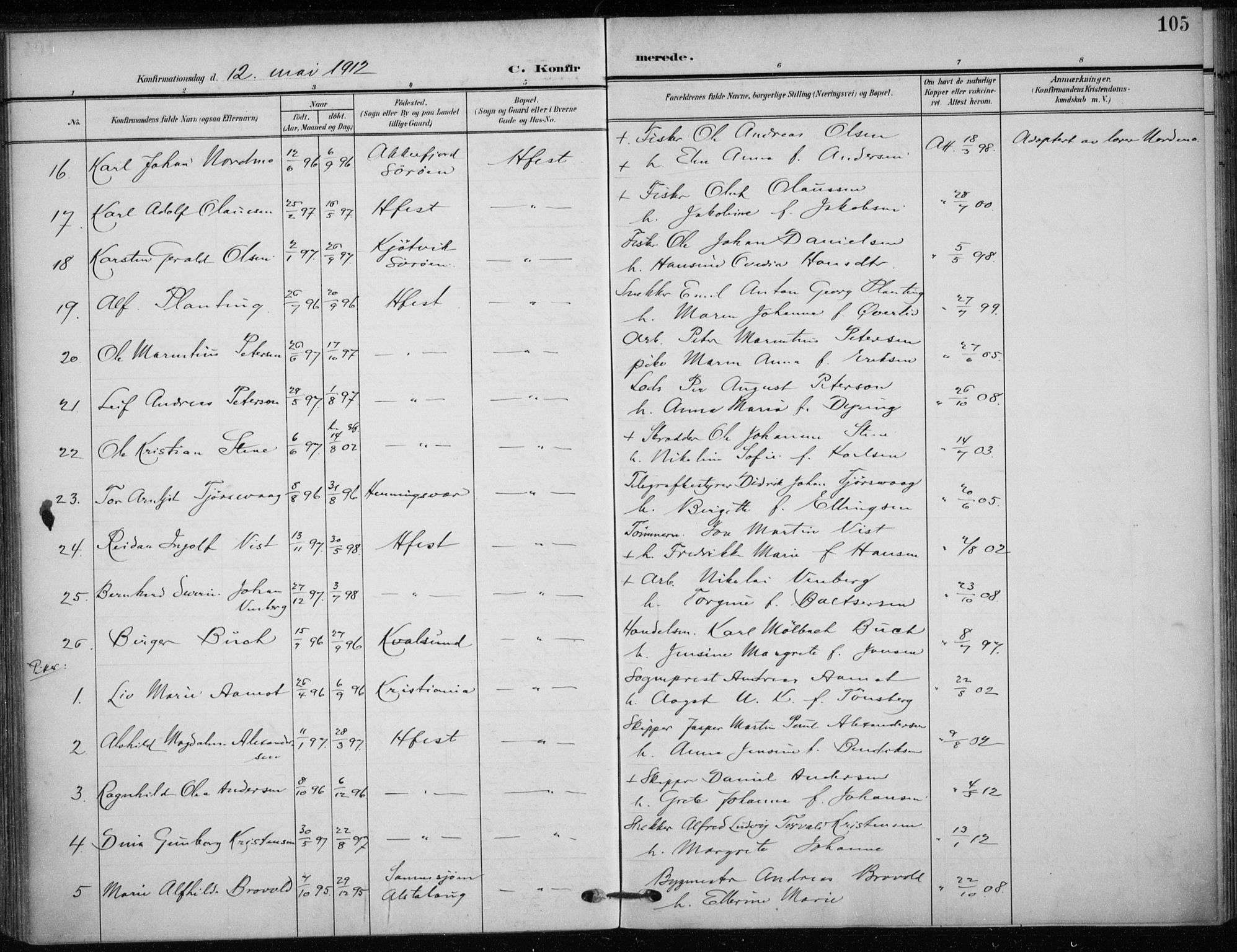 Hammerfest sokneprestkontor, SATØ/S-1347/H/Ha/L0014.kirke: Parish register (official) no. 14, 1906-1916, p. 105
