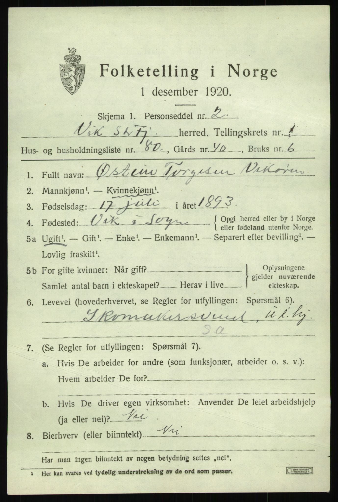 SAB, 1920 census for Vik, 1920, p. 1907