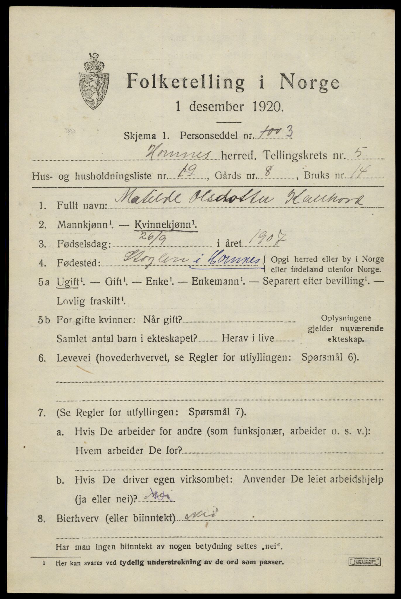 SAK, 1920 census for Hornnes, 1920, p. 1533