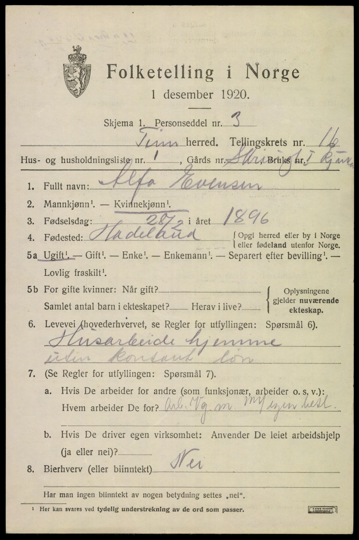 SAKO, 1920 census for Tinn, 1920, p. 16254