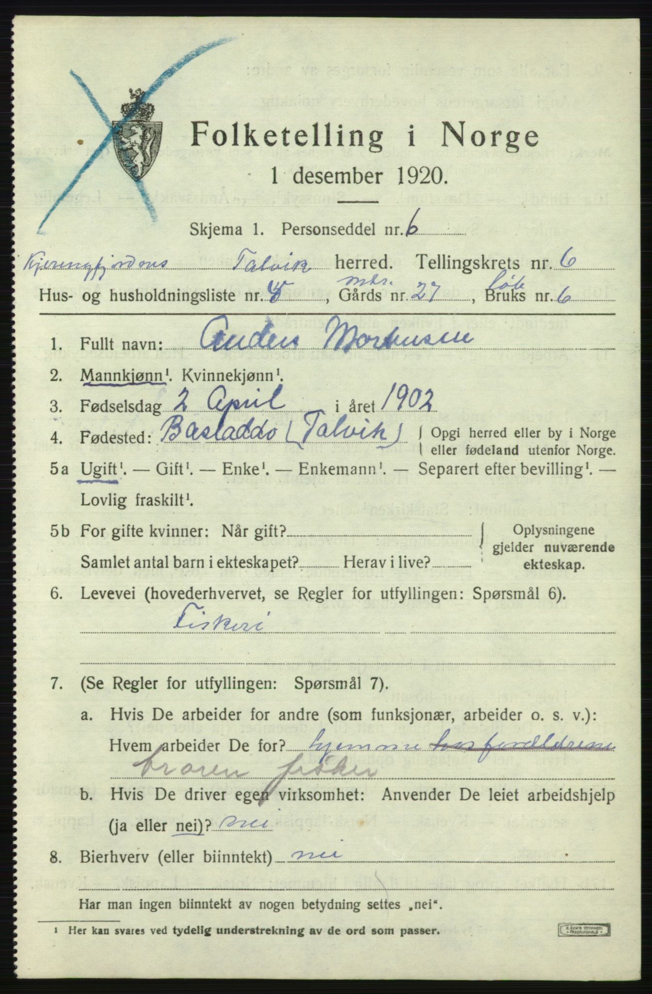 SATØ, 1920 census for Talvik, 1920, p. 3670