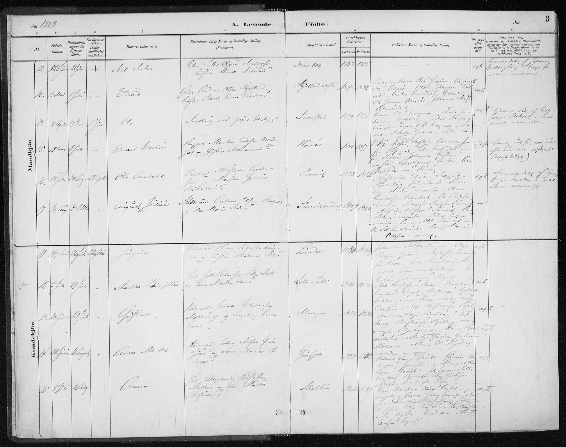 Ministerialprotokoller, klokkerbøker og fødselsregistre - Nord-Trøndelag, SAT/A-1458/701/L0010: Parish register (official) no. 701A10, 1883-1899, p. 3