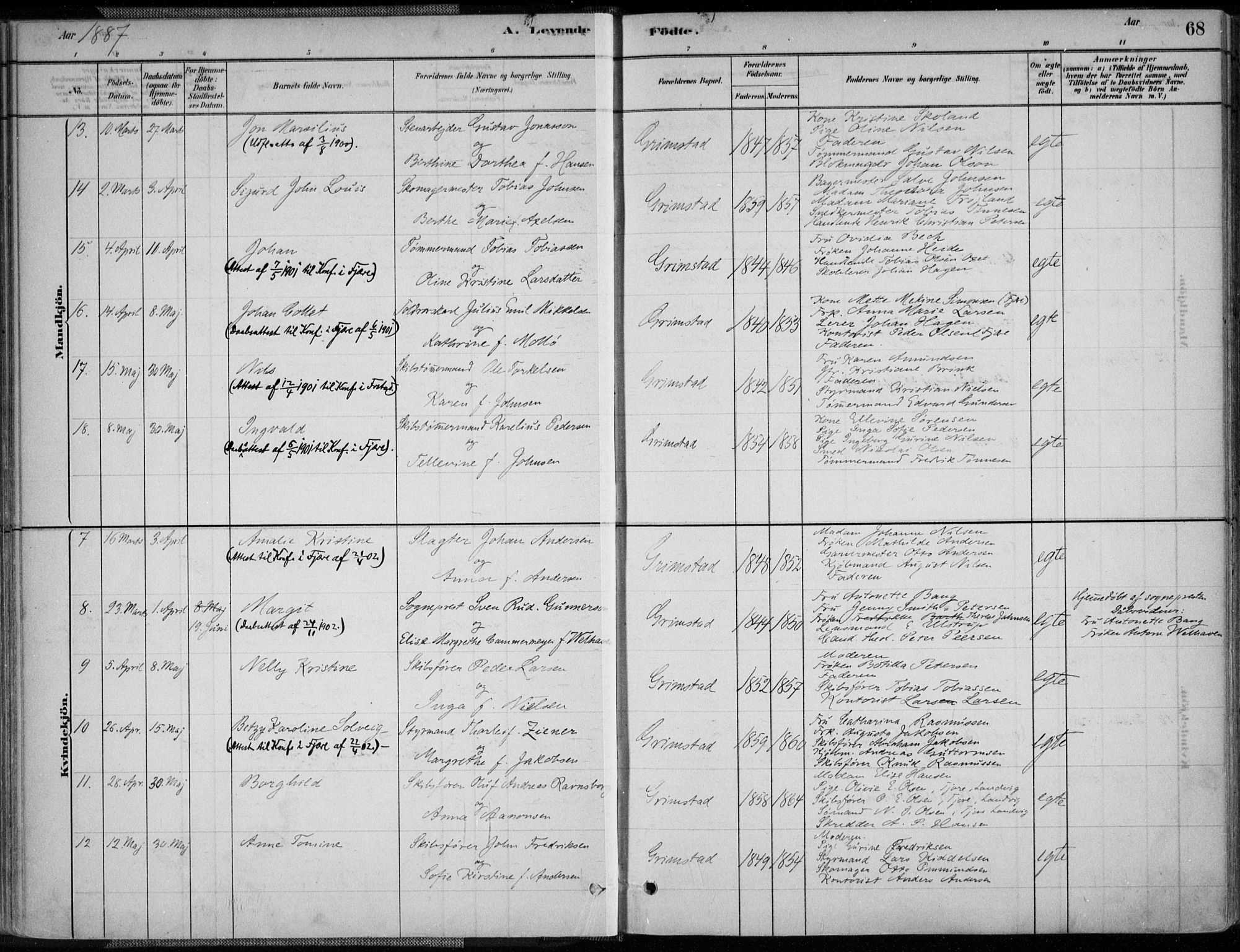 Grimstad sokneprestkontor, AV/SAK-1111-0017/F/Fa/L0003: Parish register (official) no. A 2, 1882-1912, p. 68