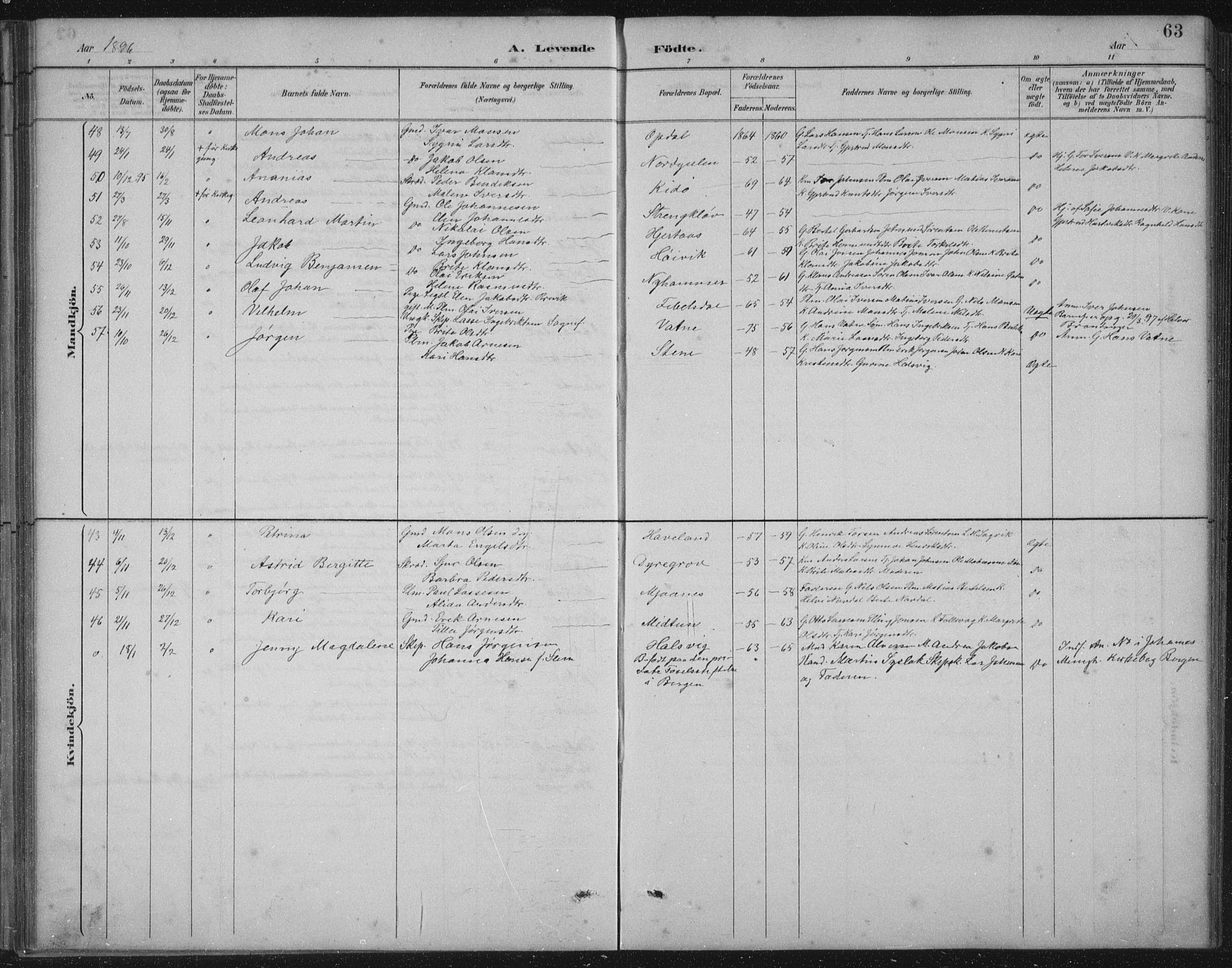 Gulen sokneprestembete, AV/SAB-A-80201/H/Hab/Habb/L0003: Parish register (copy) no. B 3, 1884-1907, p. 63