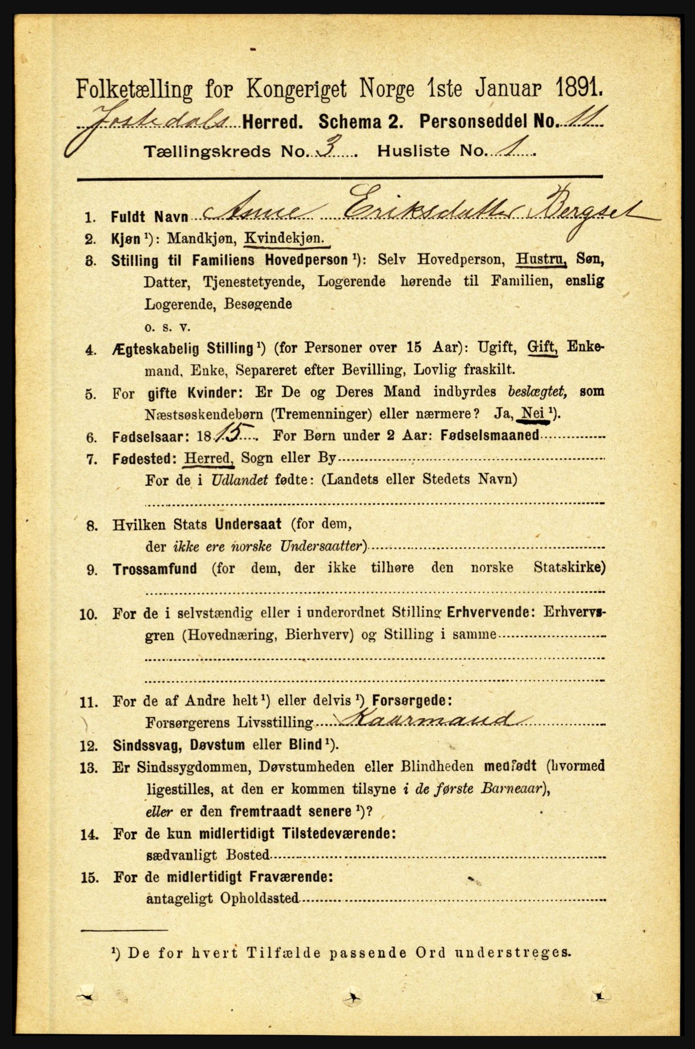 RA, 1891 census for 1427 Jostedal, 1891, p. 905