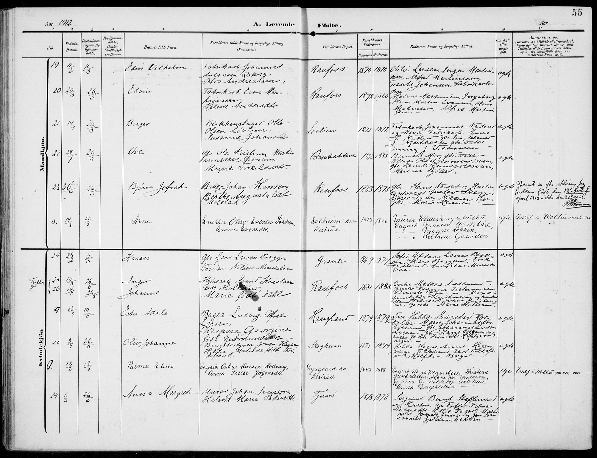 Vestre Toten prestekontor, AV/SAH-PREST-108/H/Ha/Haa/L0014: Parish register (official) no. 14, 1907-1920, p. 55