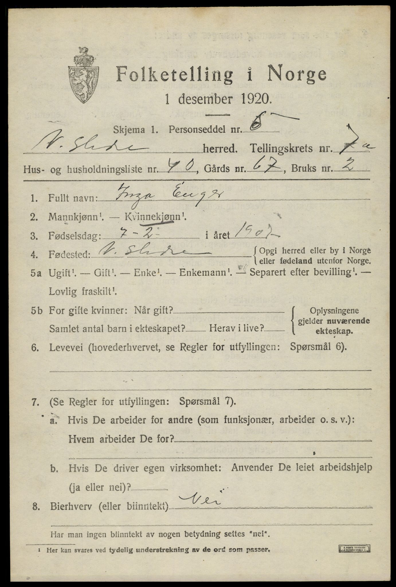 SAH, 1920 census for Vestre Slidre, 1920, p. 4028