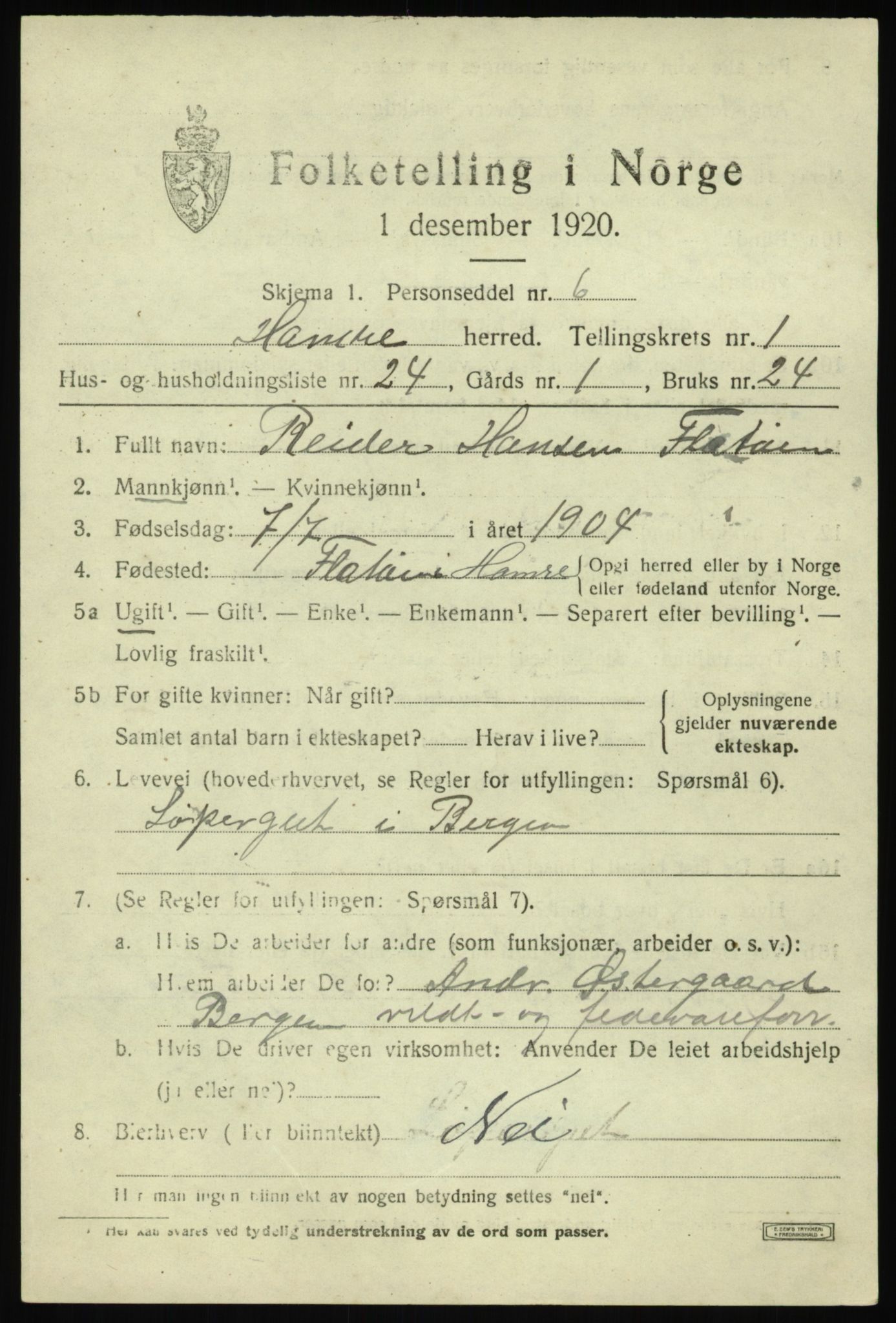 SAB, 1920 census for Hamre, 1920, p. 1253