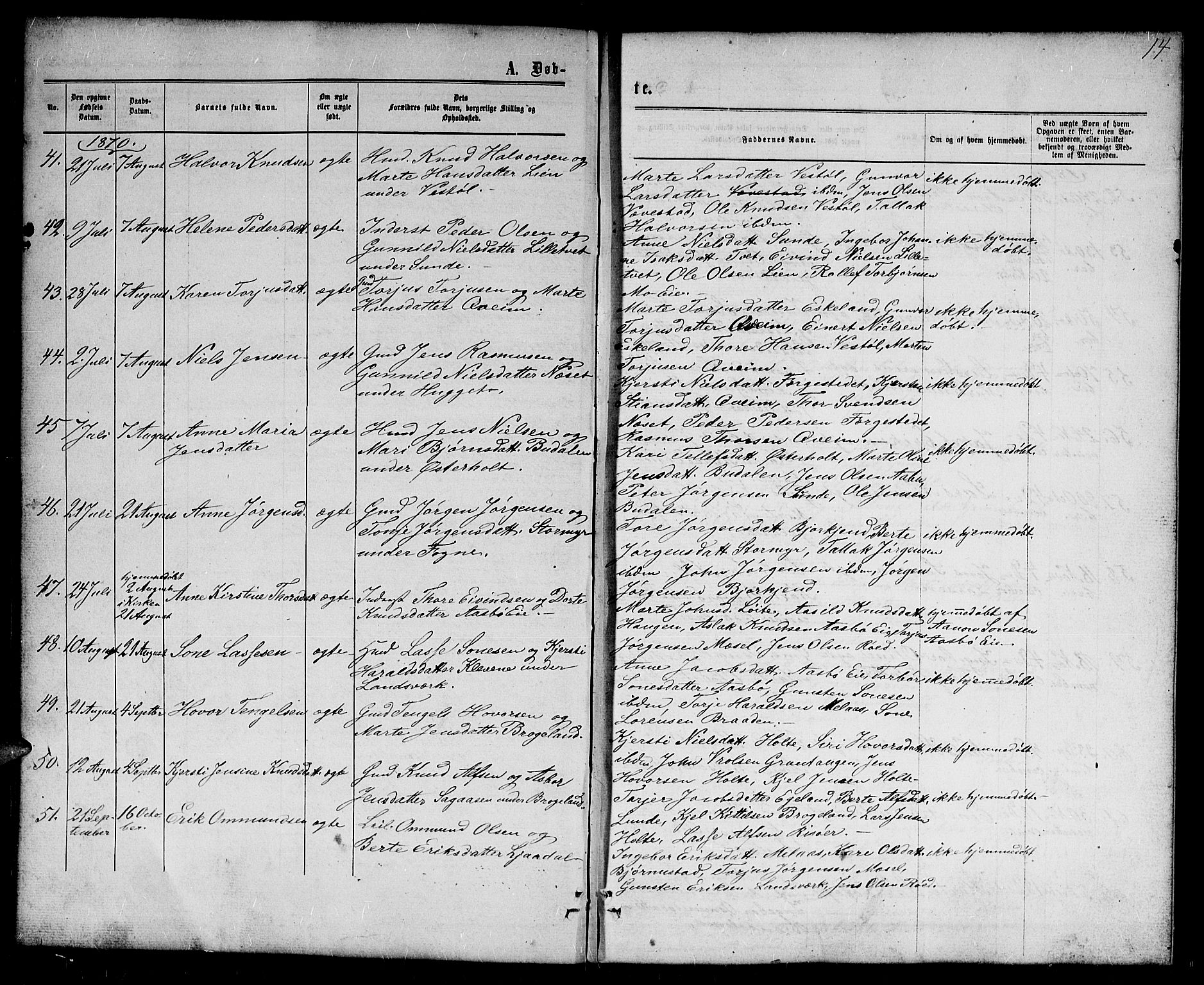 Gjerstad sokneprestkontor, SAK/1111-0014/F/Fb/Fba/L0006: Parish register (copy) no. B 6, 1868-1890, p. 14
