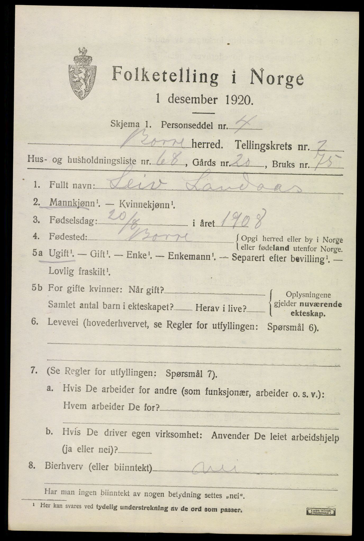 SAKO, 1920 census for Borre, 1920, p. 4966
