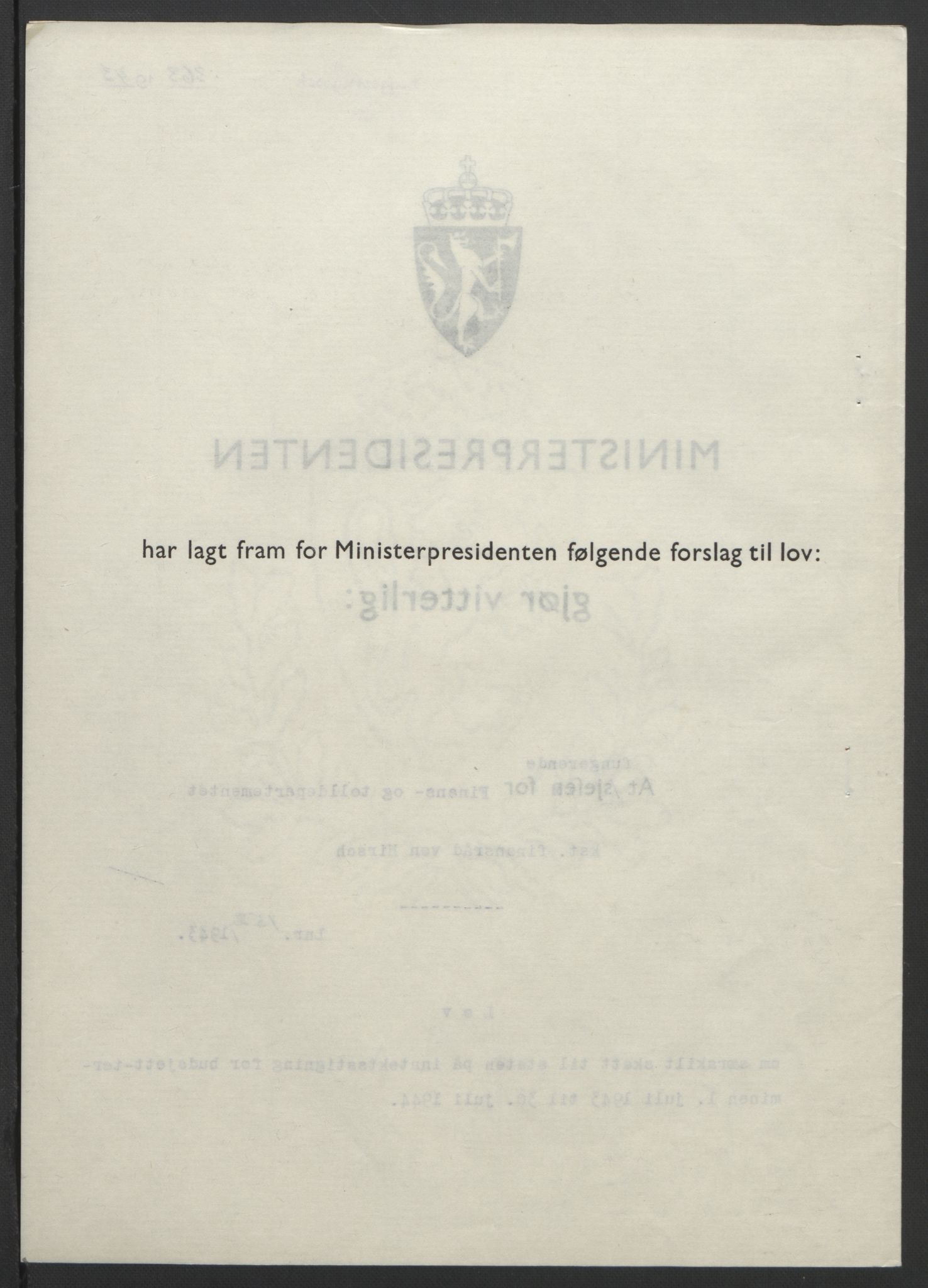 NS-administrasjonen 1940-1945 (Statsrådsekretariatet, de kommisariske statsråder mm), RA/S-4279/D/Db/L0099: Lover, 1943, p. 718