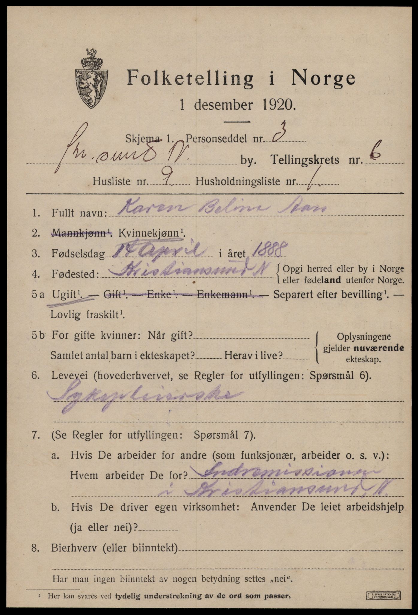 SAT, 1920 census for Kristiansund, 1920, p. 17147