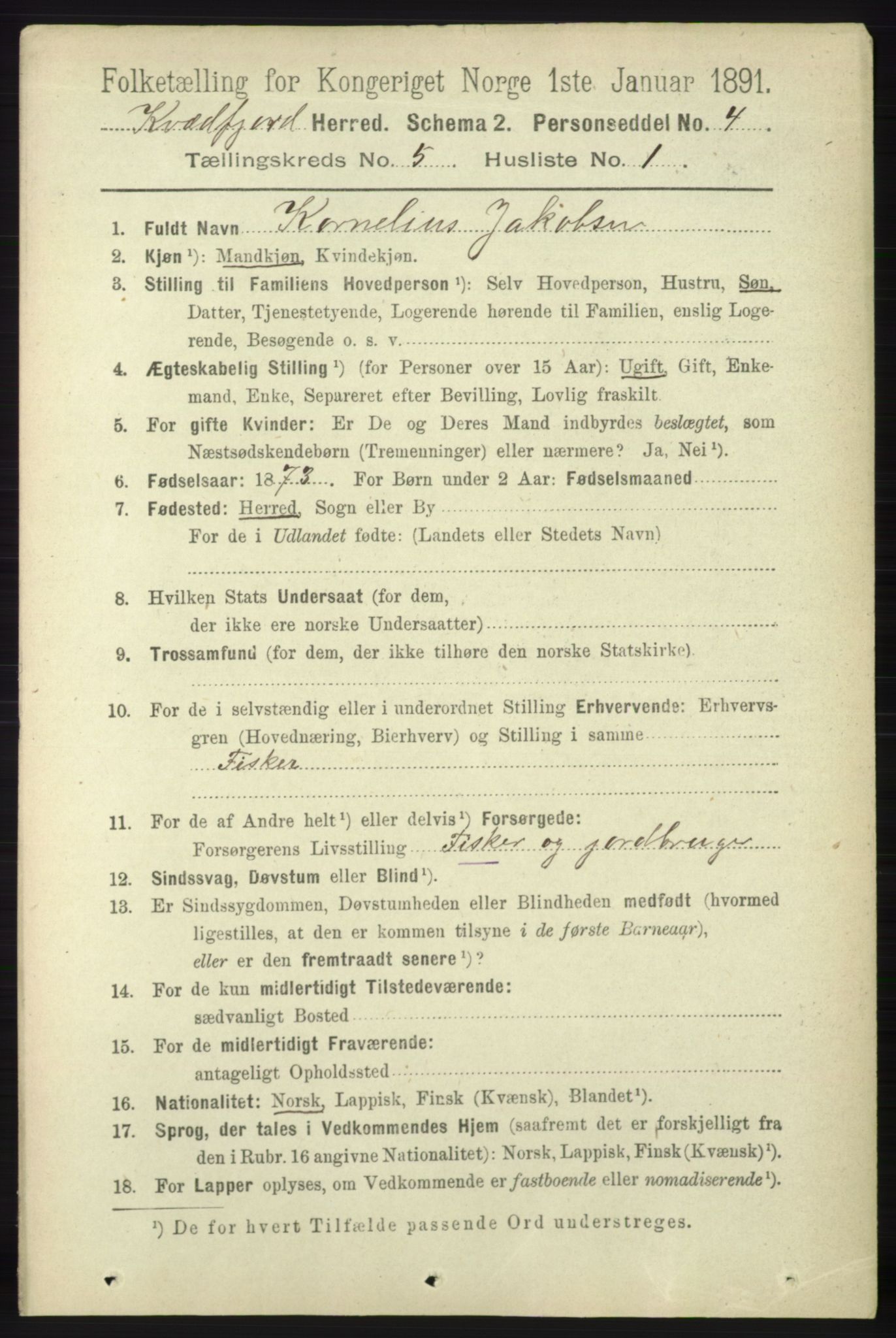 RA, 1891 census for 1911 Kvæfjord, 1891, p. 2873