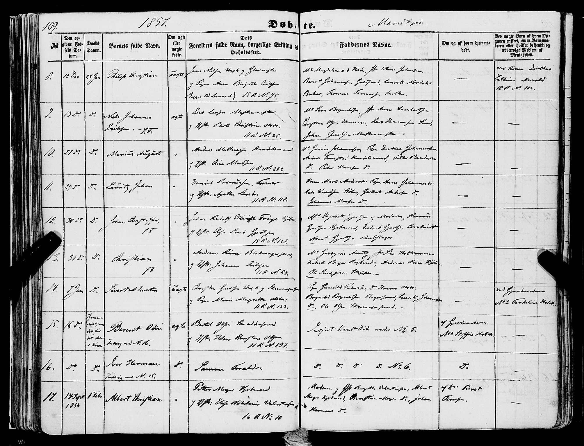 Domkirken sokneprestembete, AV/SAB-A-74801/H/Haa/L0020: Parish register (official) no. B 3, 1851-1859, p. 109