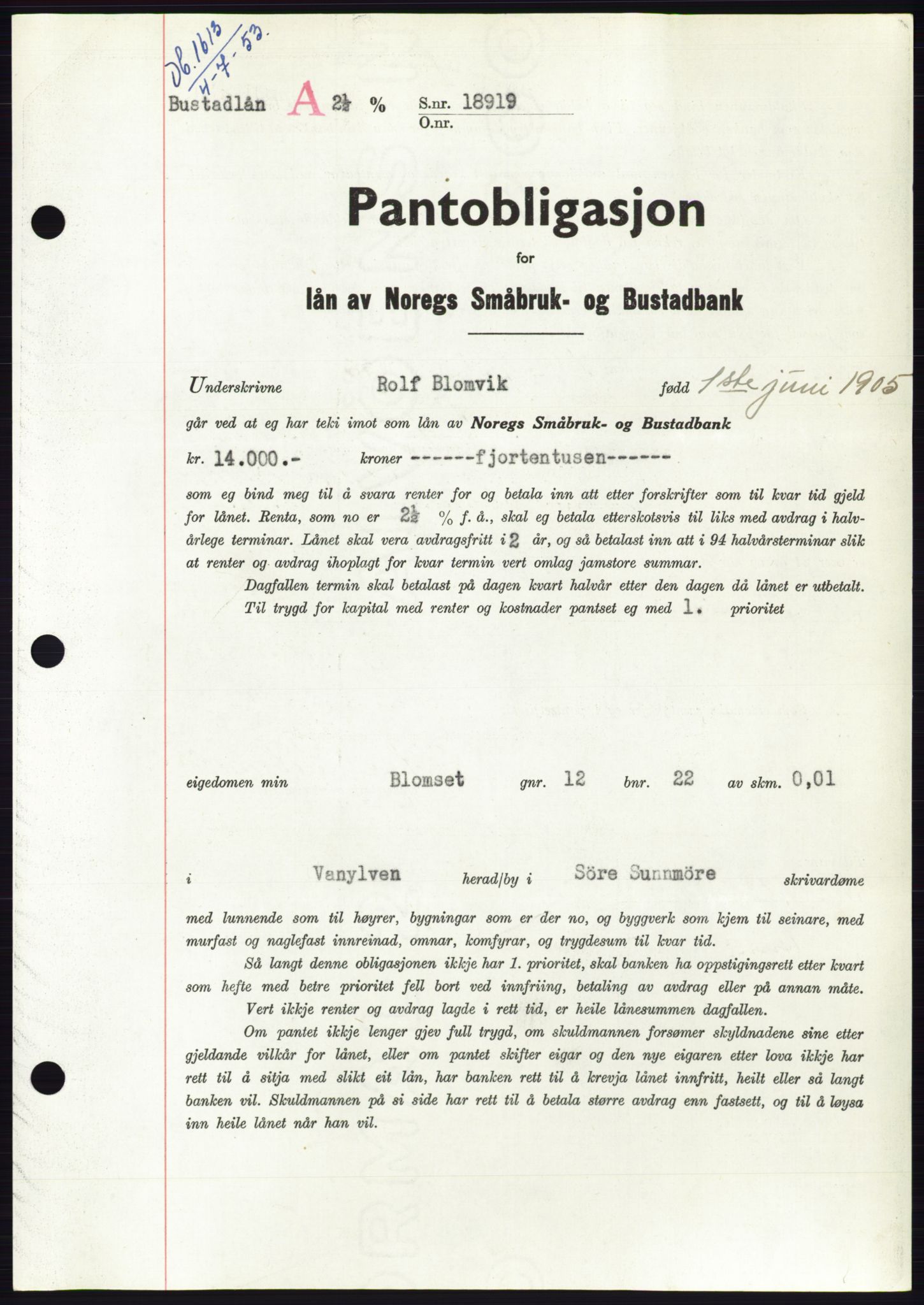 Søre Sunnmøre sorenskriveri, AV/SAT-A-4122/1/2/2C/L0123: Mortgage book no. 11B, 1953-1953, Diary no: : 1613/1953