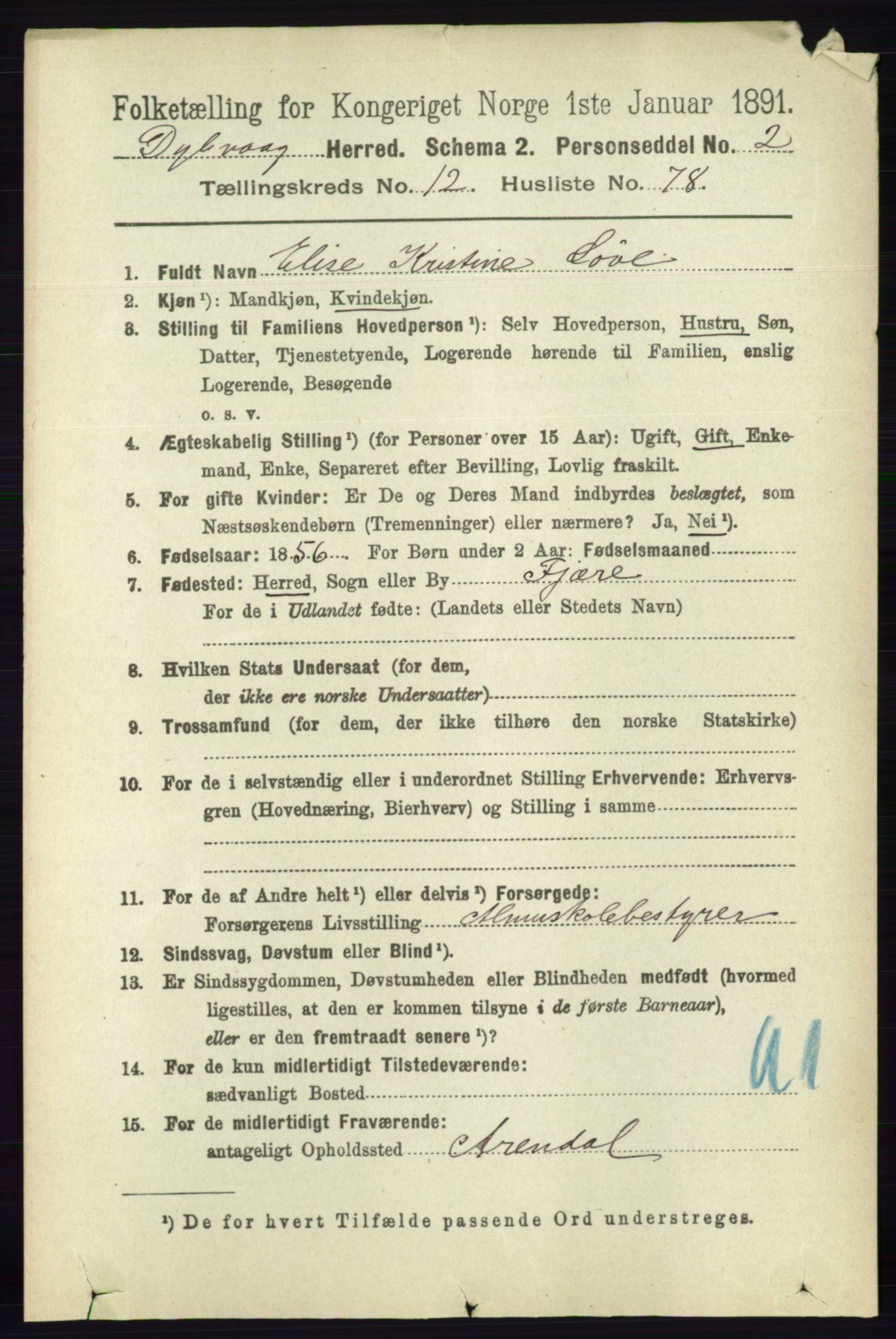 RA, 1891 census for 0915 Dypvåg, 1891, p. 5215