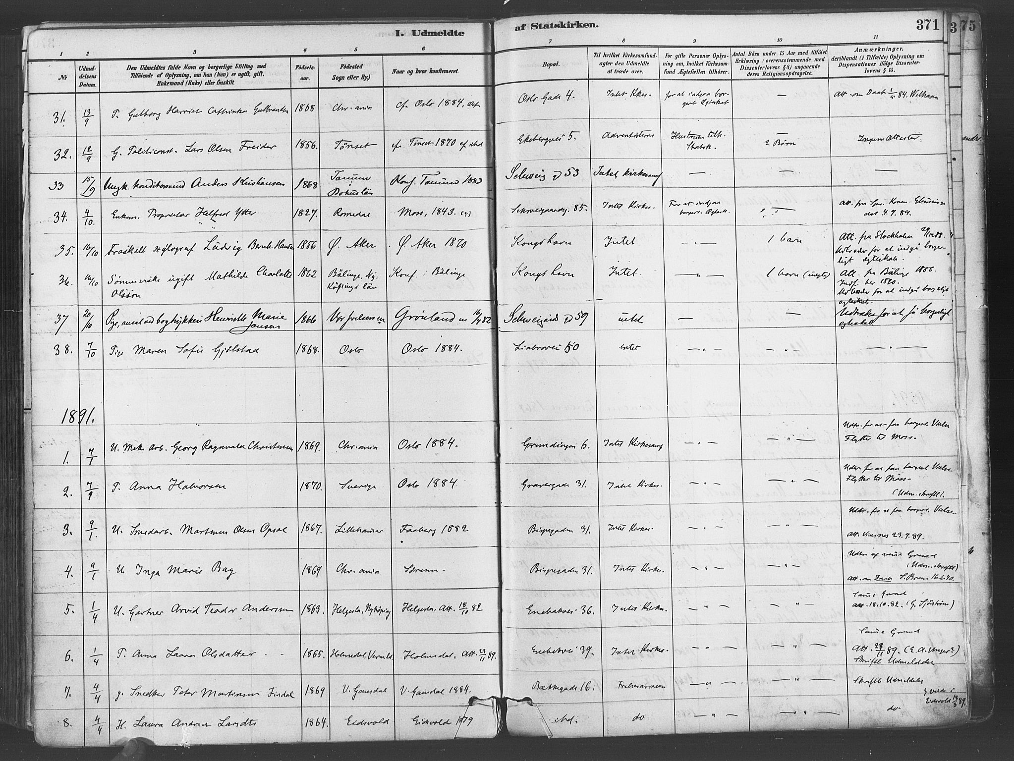 Gamlebyen prestekontor Kirkebøker, SAO/A-10884/F/Fa/L0006: Parish register (official) no. 6, 1881-1890, p. 371