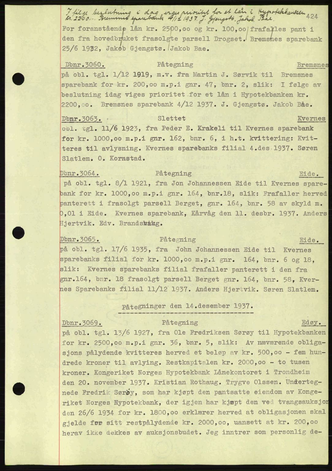 Nordmøre sorenskriveri, AV/SAT-A-4132/1/2/2Ca: Mortgage book no. C80, 1936-1939, Diary no: : 3060/1937