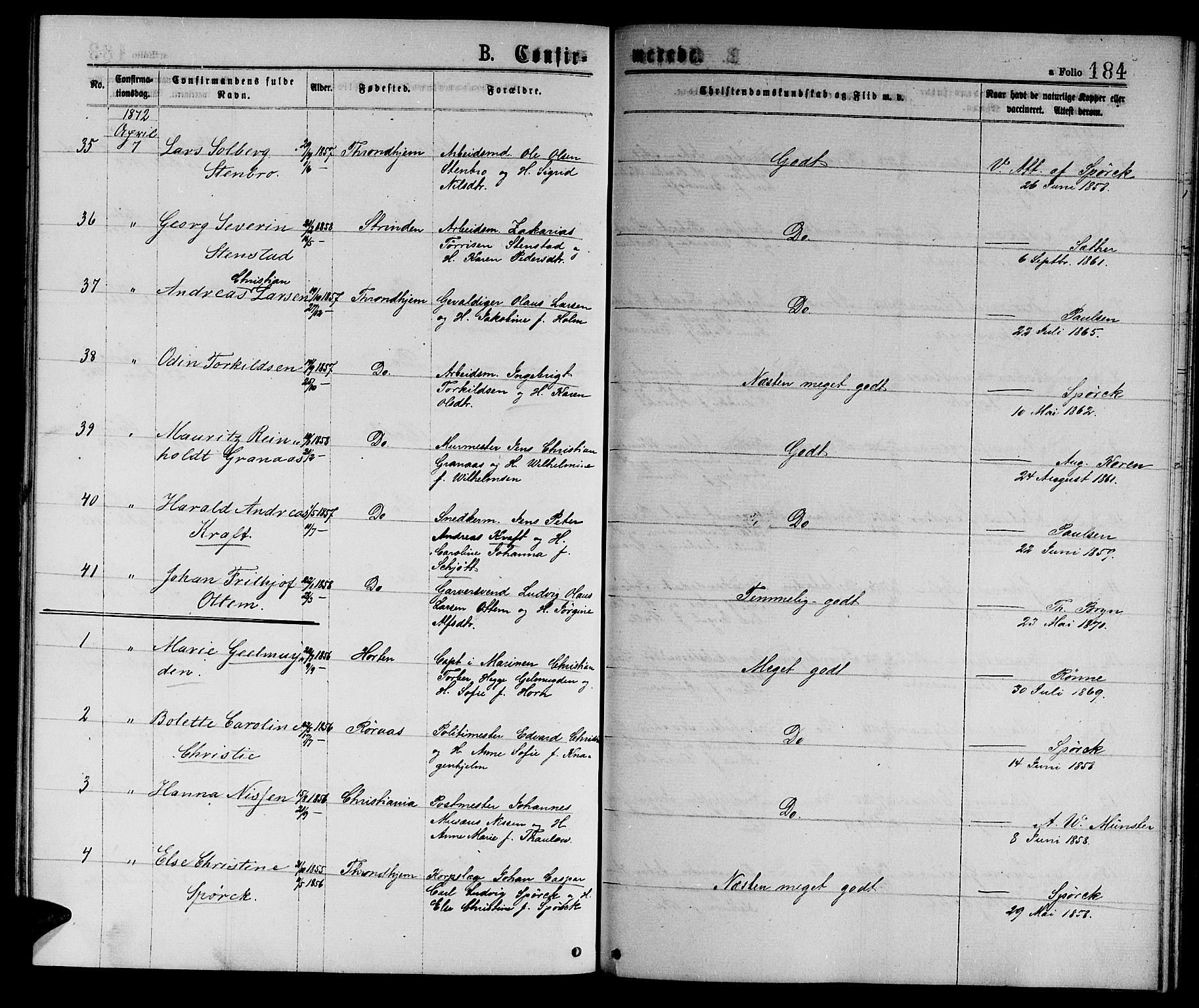 Ministerialprotokoller, klokkerbøker og fødselsregistre - Sør-Trøndelag, AV/SAT-A-1456/601/L0088: Parish register (copy) no. 601C06, 1870-1878, p. 184