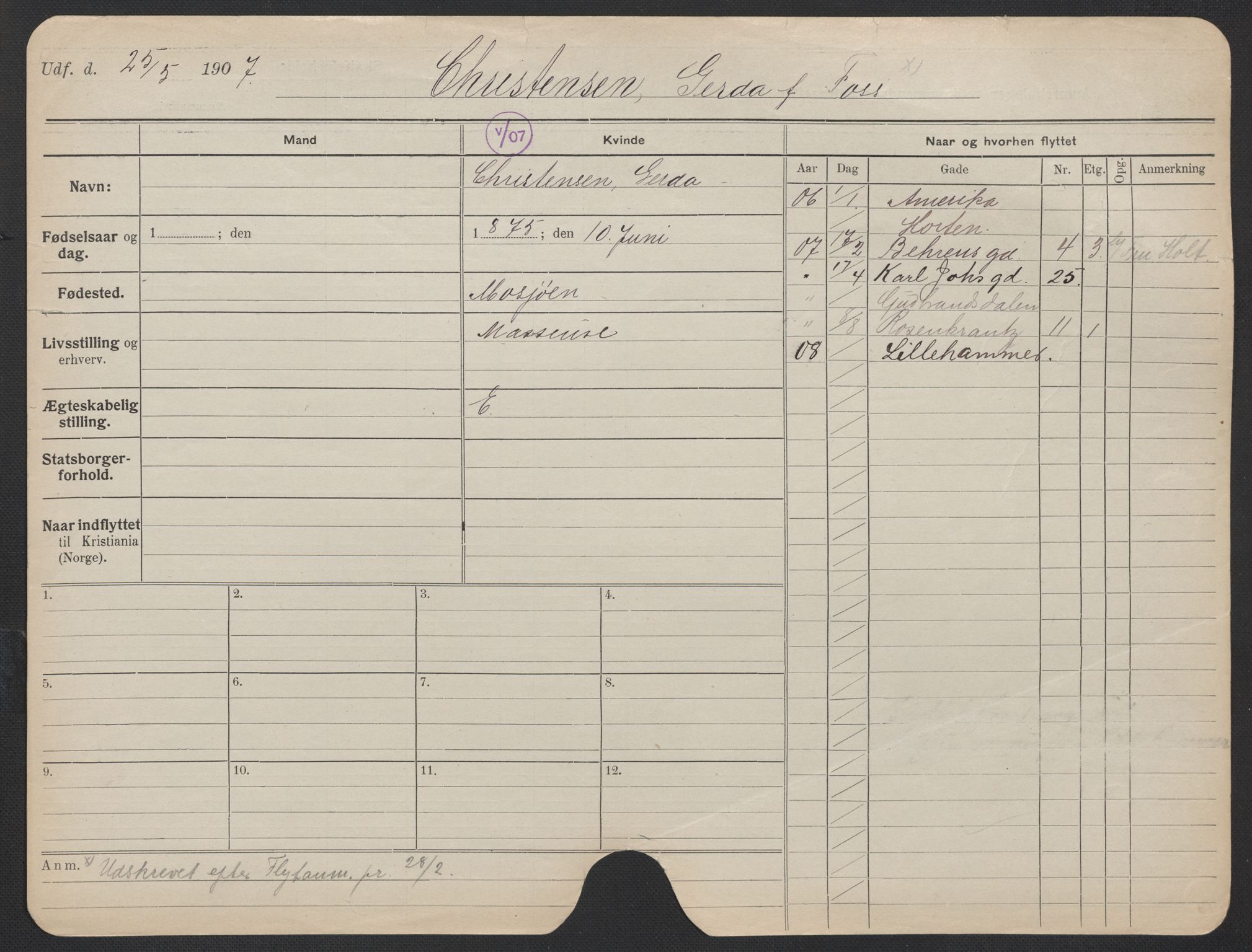 Oslo folkeregister, Registerkort, AV/SAO-A-11715/F/Fa/Fac/L0019: Kvinner, 1906-1914, p. 130a