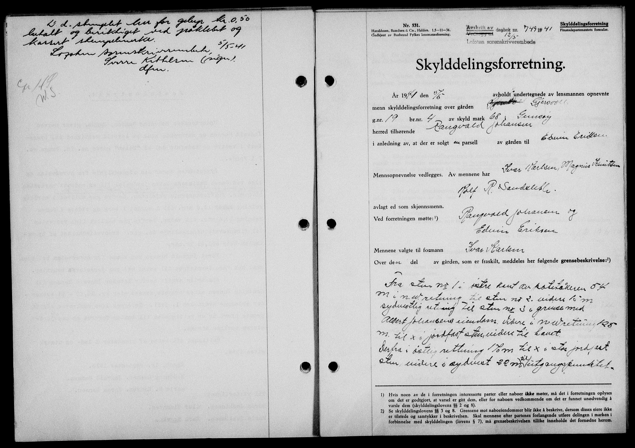 Lofoten sorenskriveri, SAT/A-0017/1/2/2C/L0008a: Mortgage book no. 8a, 1940-1941, Diary no: : 749/1941