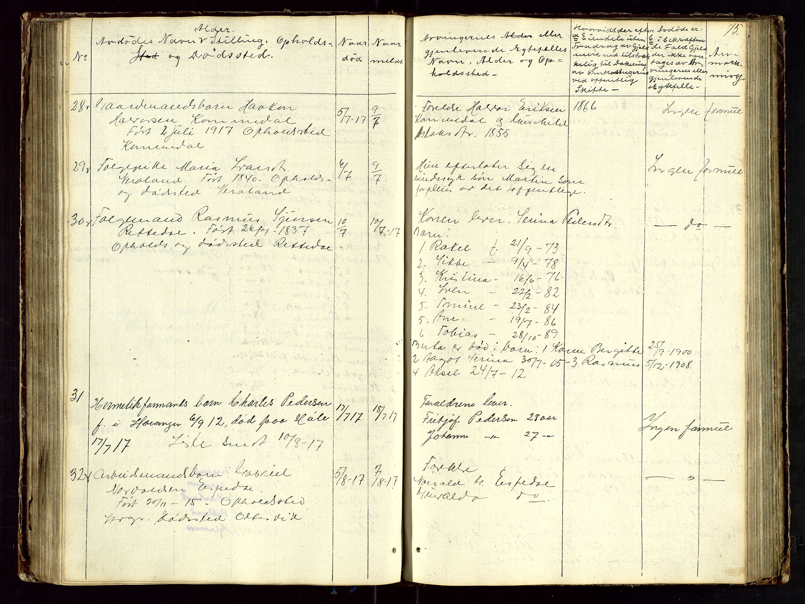 Høle og Forsand lensmannskontor, AV/SAST-A-100127/Gga/L0002: "Dødsanmeldelsesprotokol", 1903-1919, p. 75