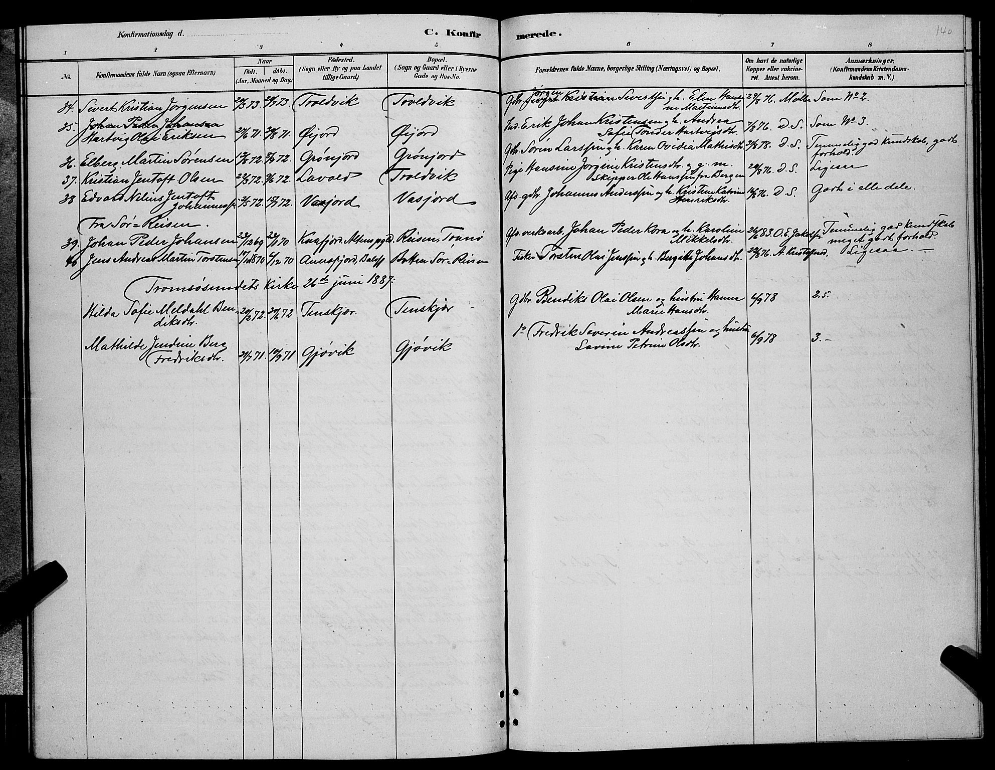 Lenvik sokneprestembete, AV/SATØ-S-1310/H/Ha/Hab/L0006klokker: Parish register (copy) no. 6, 1881-1889, p. 140