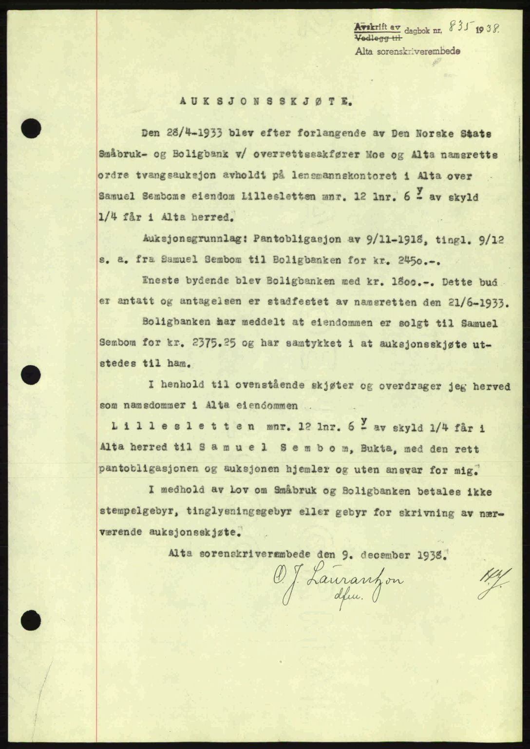 Alta fogderi/sorenskriveri, SATØ/SATØ-5/1/K/Kd/L0031pantebok: Mortgage book no. 31, 1938-1939, Diary no: : 835/1938