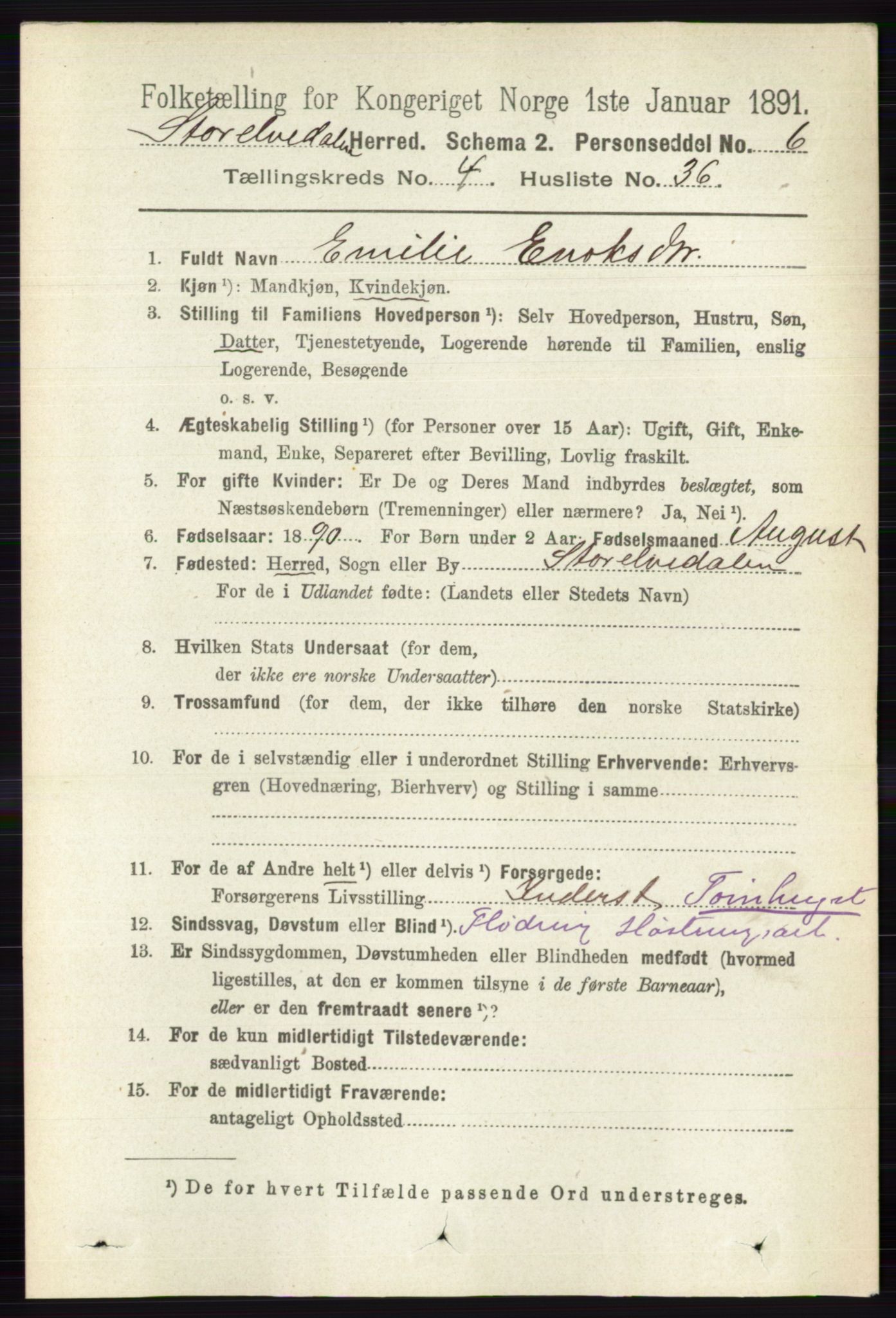 RA, 1891 census for 0430 Stor-Elvdal, 1891, p. 1618