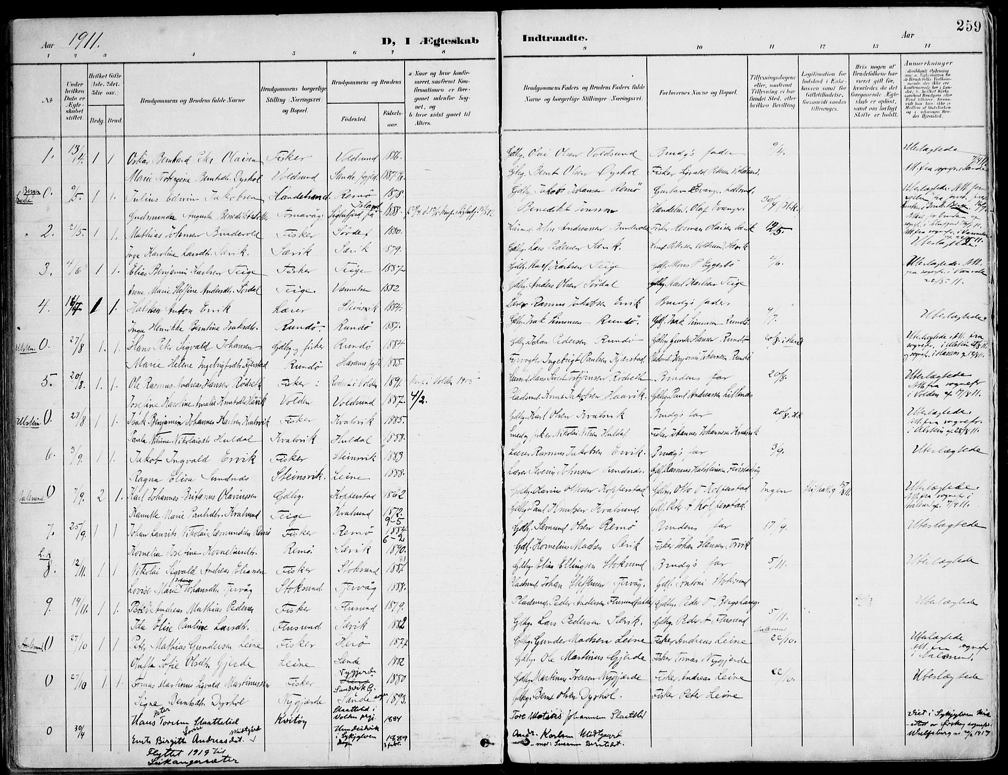 Ministerialprotokoller, klokkerbøker og fødselsregistre - Møre og Romsdal, SAT/A-1454/507/L0075: Parish register (official) no. 507A10, 1901-1920, p. 259