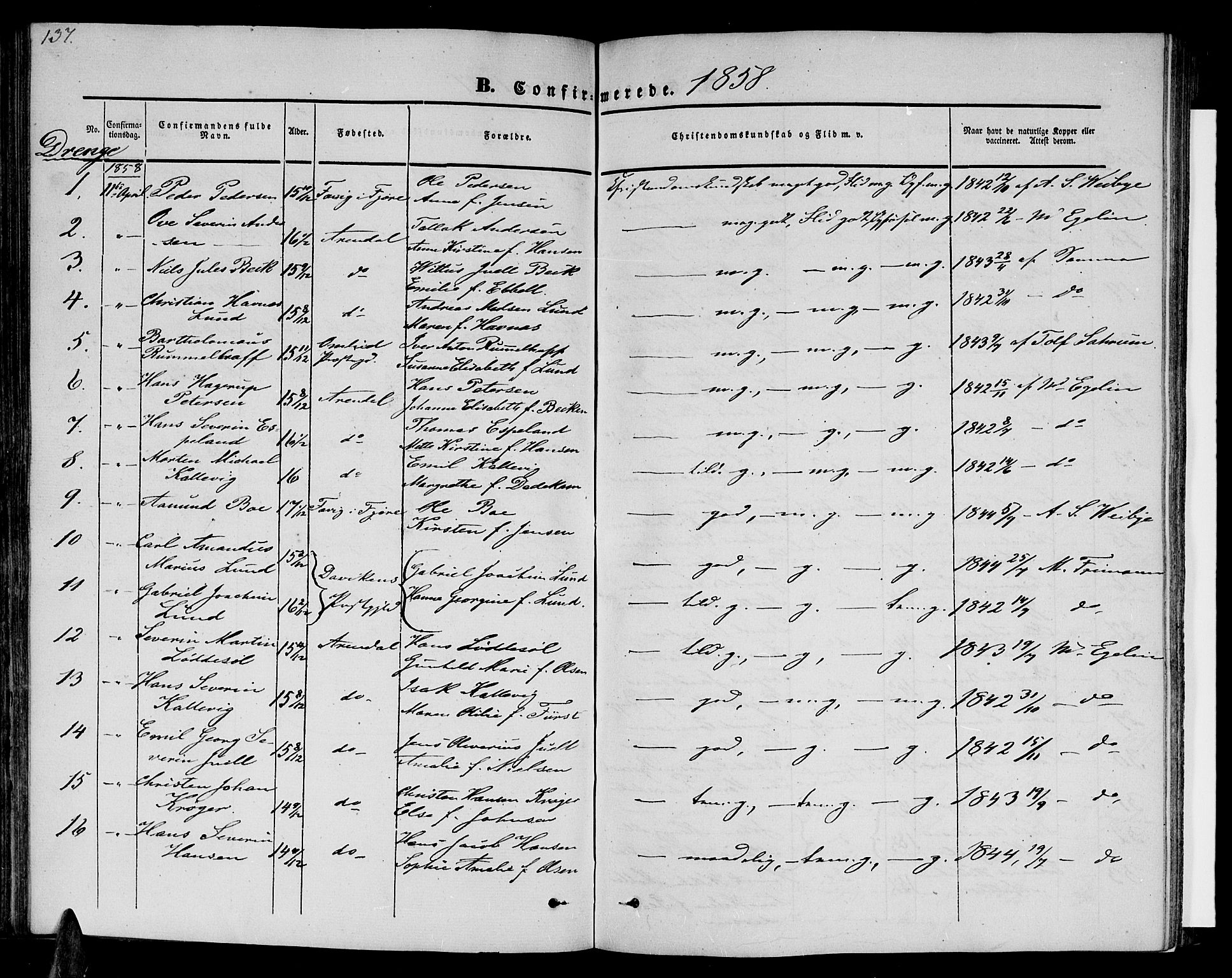 Arendal sokneprestkontor, Trefoldighet, SAK/1111-0040/F/Fb/L0002: Parish register (copy) no. B 2, 1838-1860, p. 137