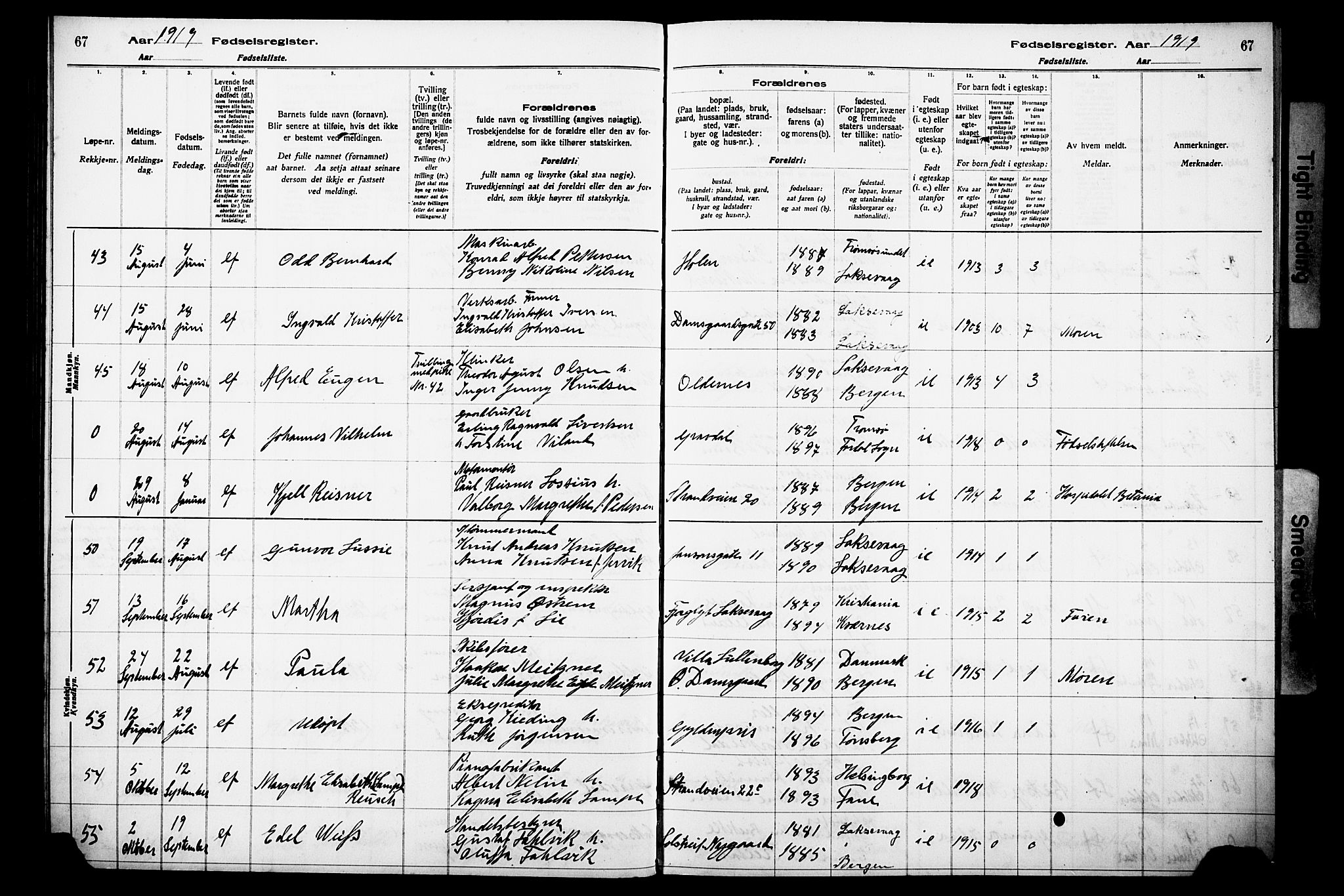 Laksevåg Sokneprestembete, AV/SAB-A-76501/I/Id/L00A1: Birth register no. A 1, 1916-1926, p. 67