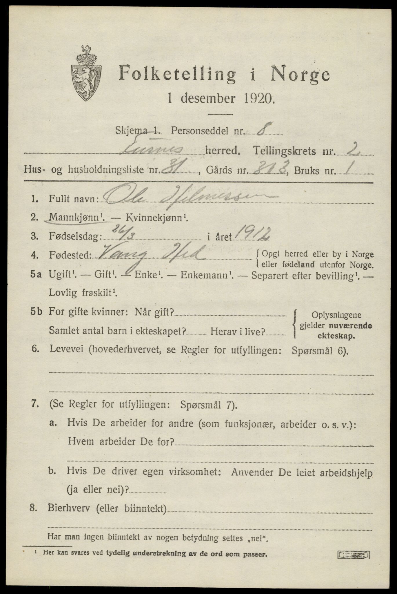 SAH, 1920 census for Furnes, 1920, p. 3431