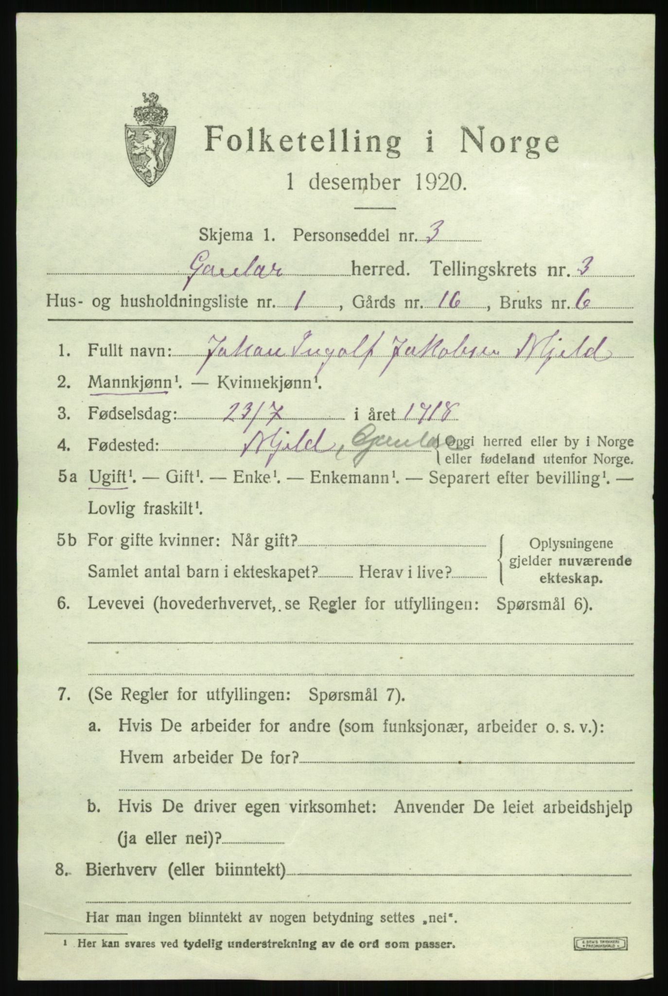 SAB, 1920 census for Gaular, 1920, p. 1812