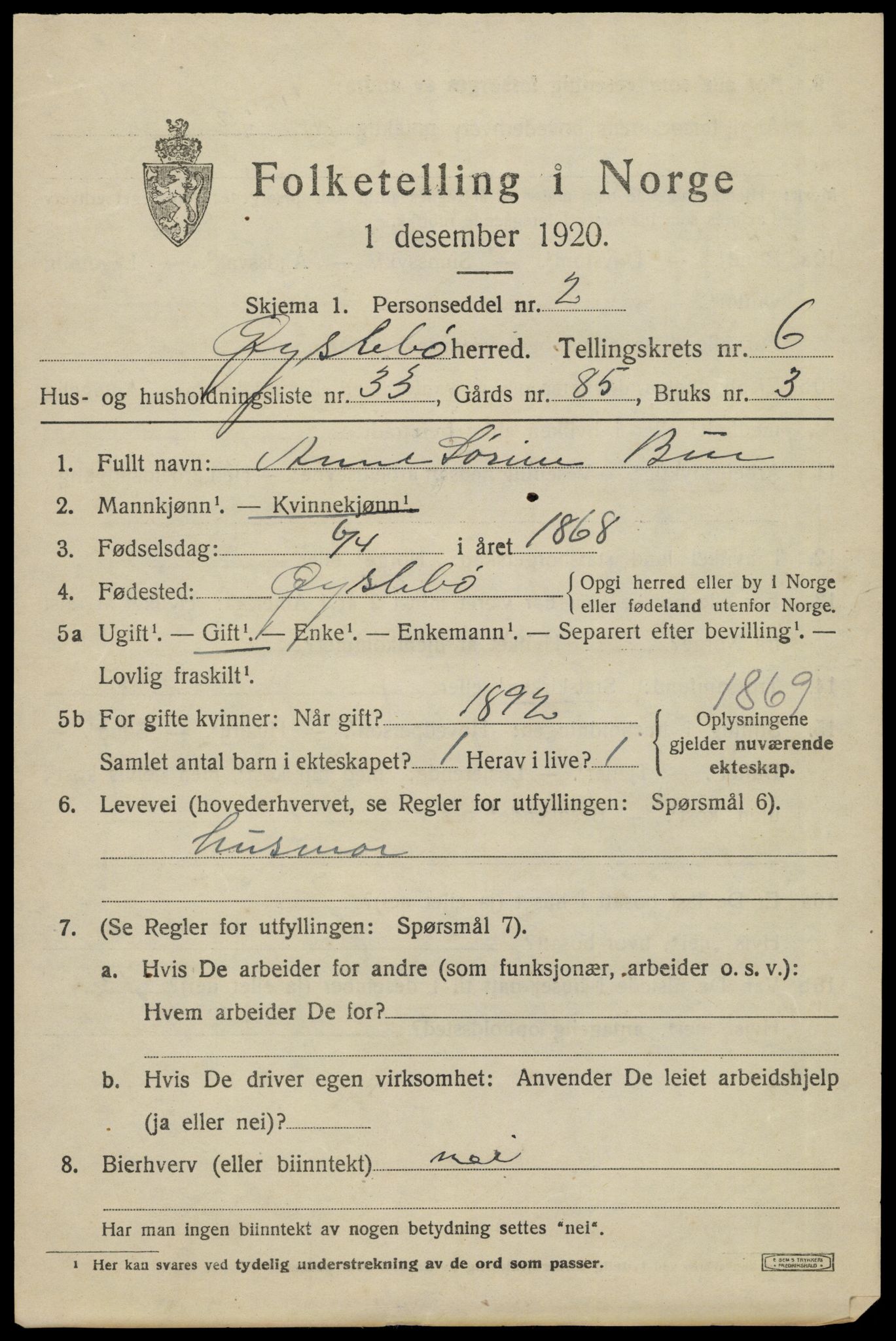 SAK, 1920 census for Øyslebø, 1920, p. 2206