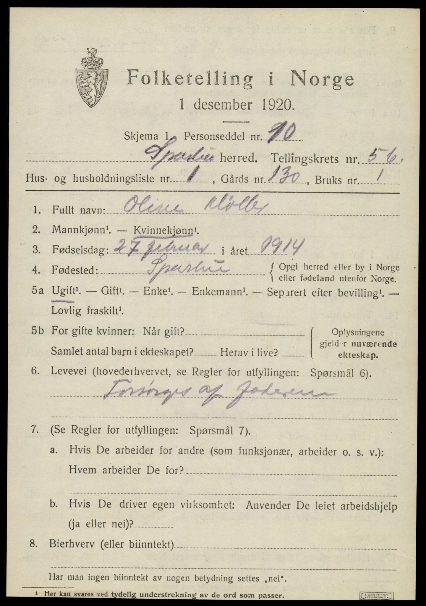 SAT, 1920 census for Sparbu, 1920, p. 6835