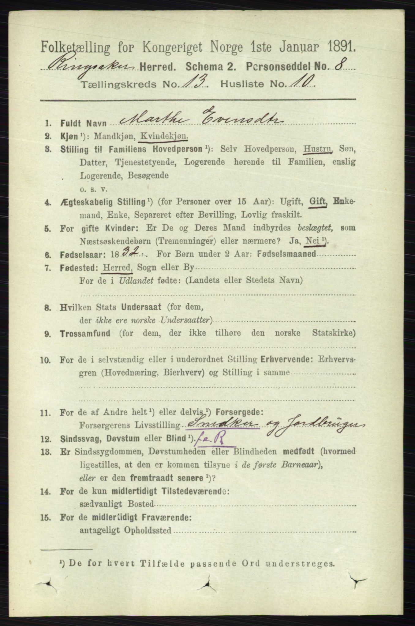 RA, 1891 census for 0412 Ringsaker, 1891, p. 7263